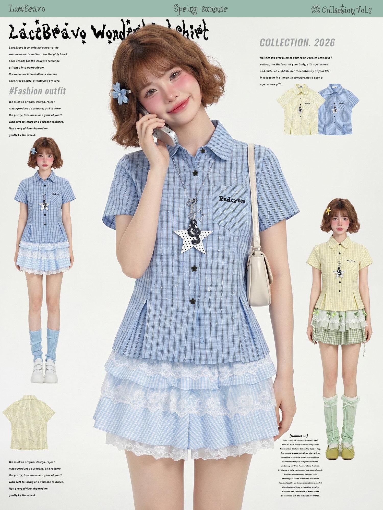 LaceBravo Dopamine Star Embroidered College Cinched Waist Women's Short Sleeve T-shirts