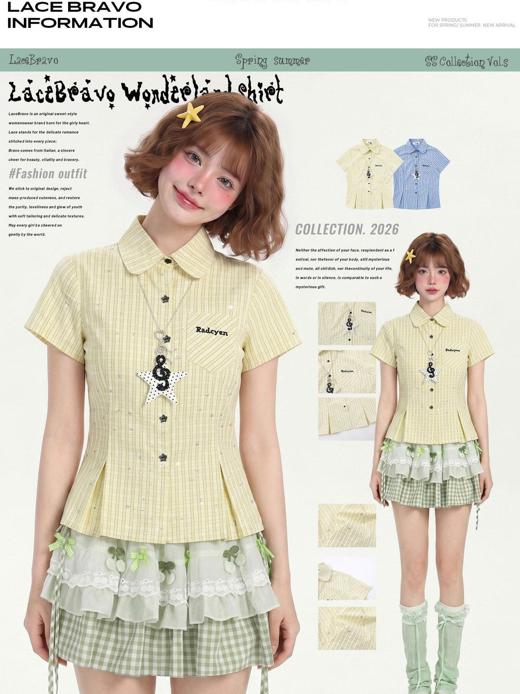 LaceBravo Dopamine Star Embroidered College Cinched Waist Women's Short Sleeve T-shirts