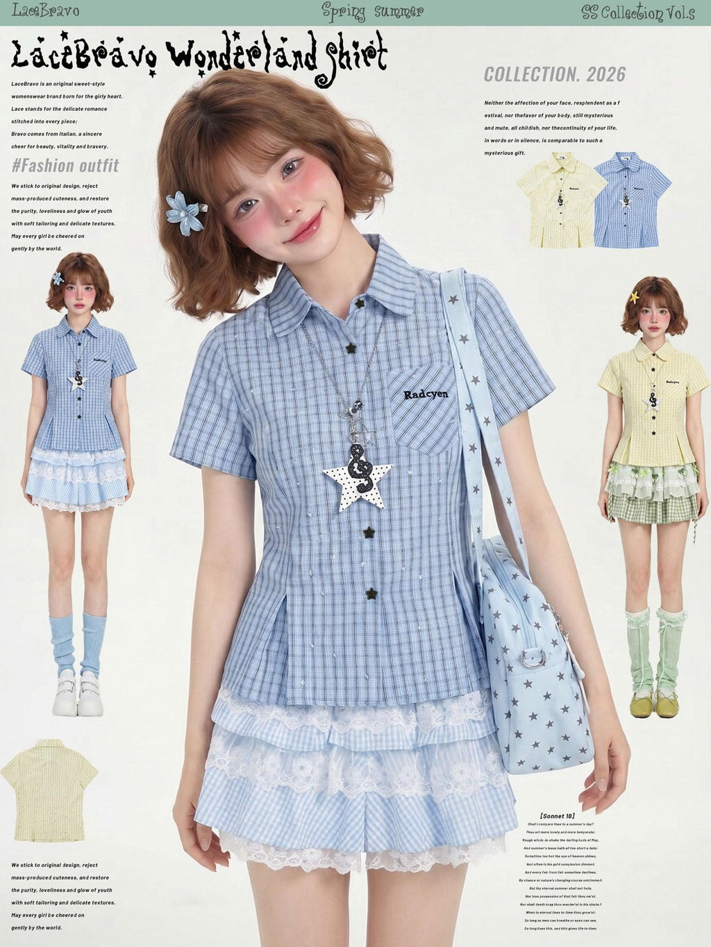 LaceBravo Dopamine Star Embroidered College Cinched Waist Women's Short Sleeve T-shirts