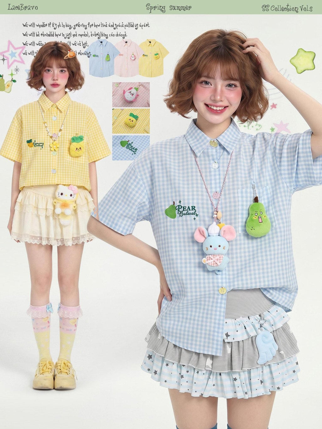 LaceBravo Embroidered Plaid Cartoon Loose Women's Short Sleeve T-shirts