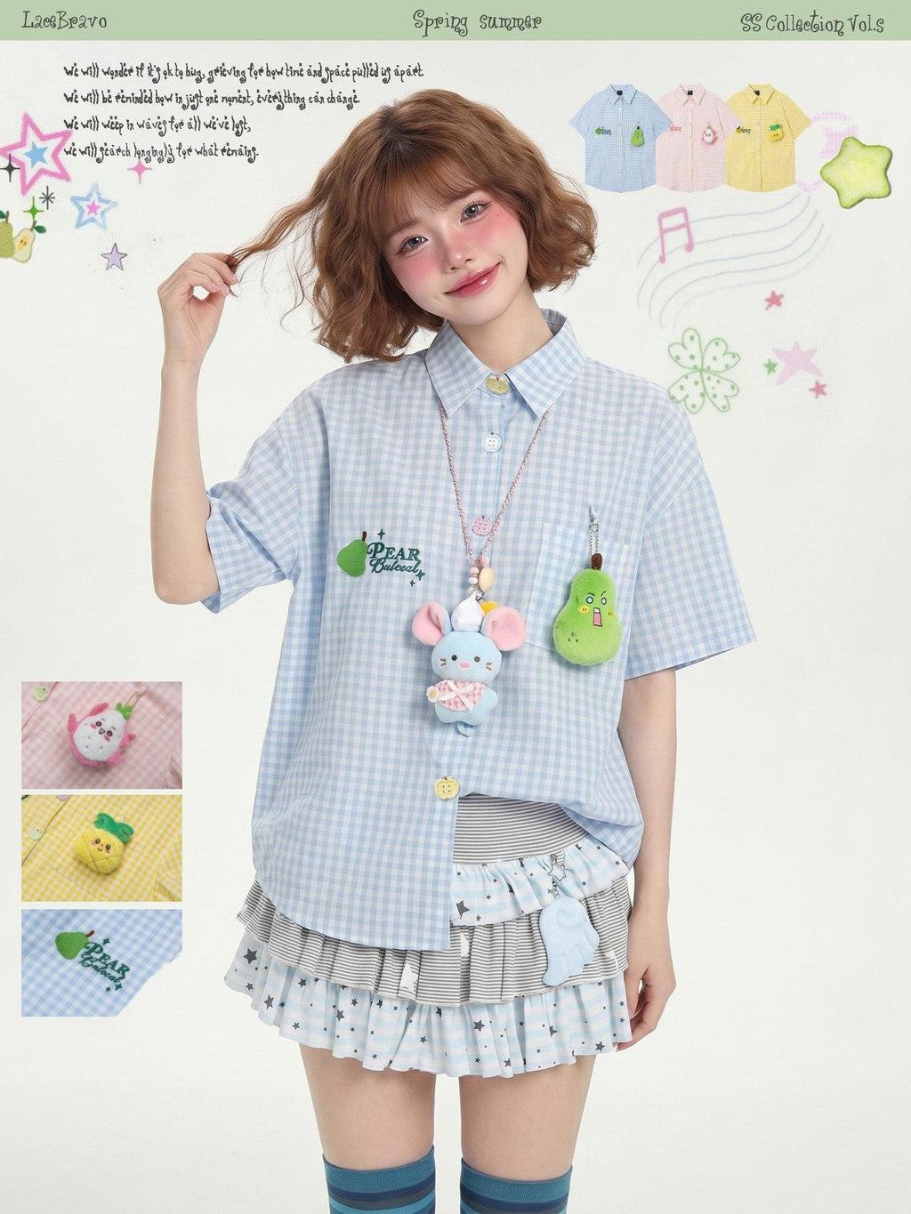 LaceBravo Embroidered Plaid Cartoon Loose Women's Short Sleeve T-shirts