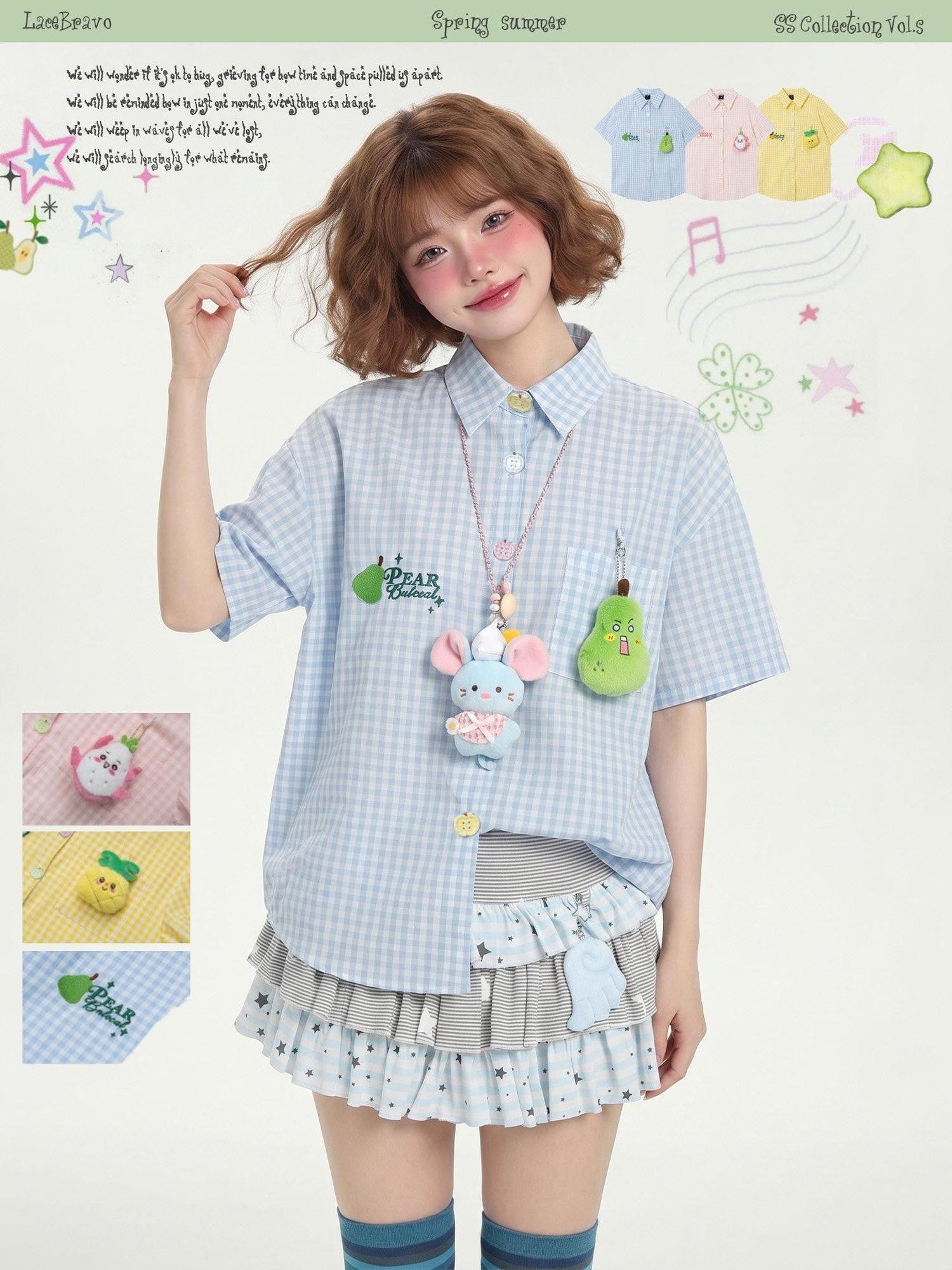 LaceBravo Embroidered Plaid Cartoon Loose Women's Short Sleeve T-shirts