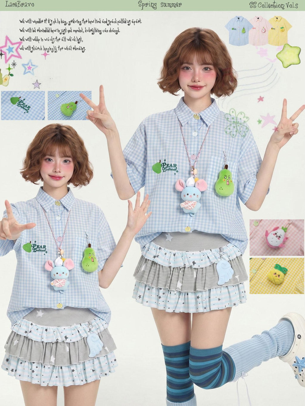 LaceBravo Embroidered Plaid Cartoon Loose Women's Short Sleeve T-shirts
