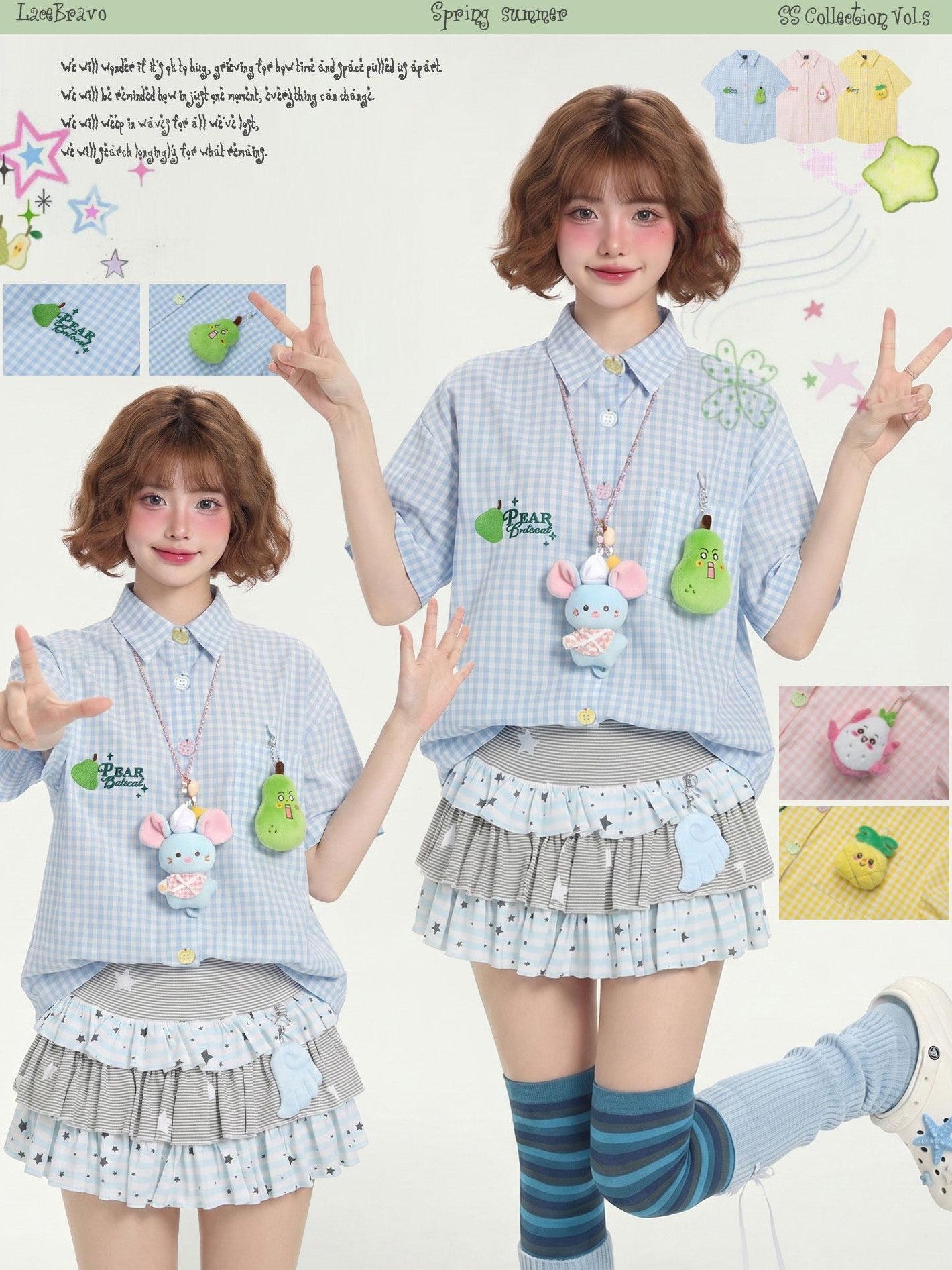 LaceBravo Embroidered Plaid Cartoon Loose Women's Short Sleeve T-shirts