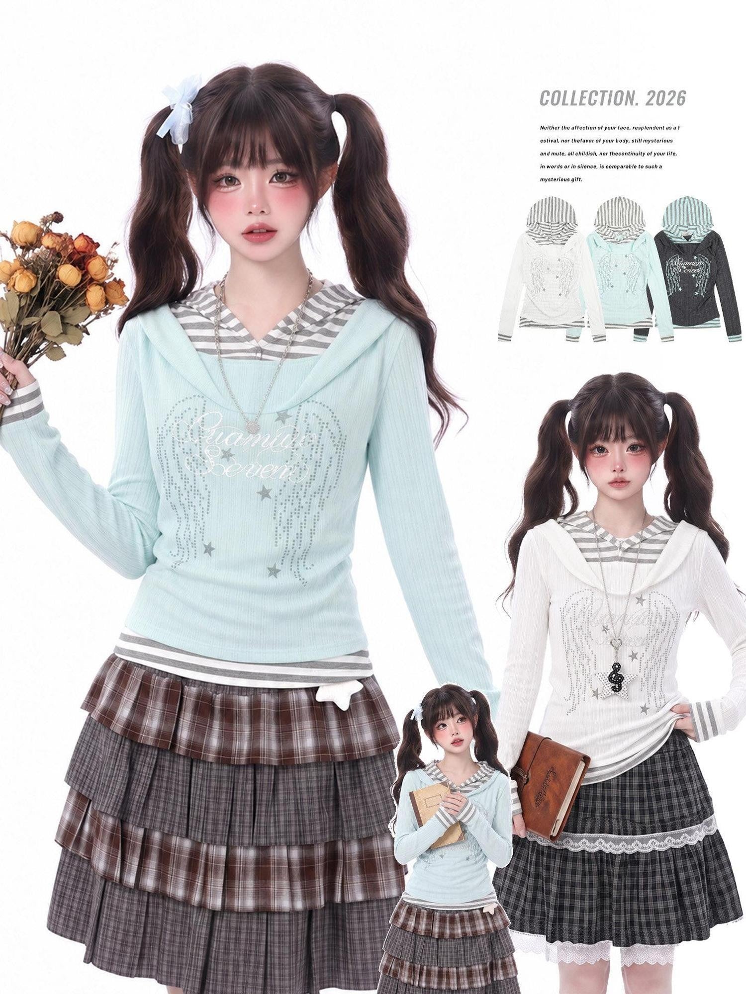 LaceBravo Faux Layered Striped Splice Lace Women's Knitted Slim Fit Long Sleeve T-shirts
