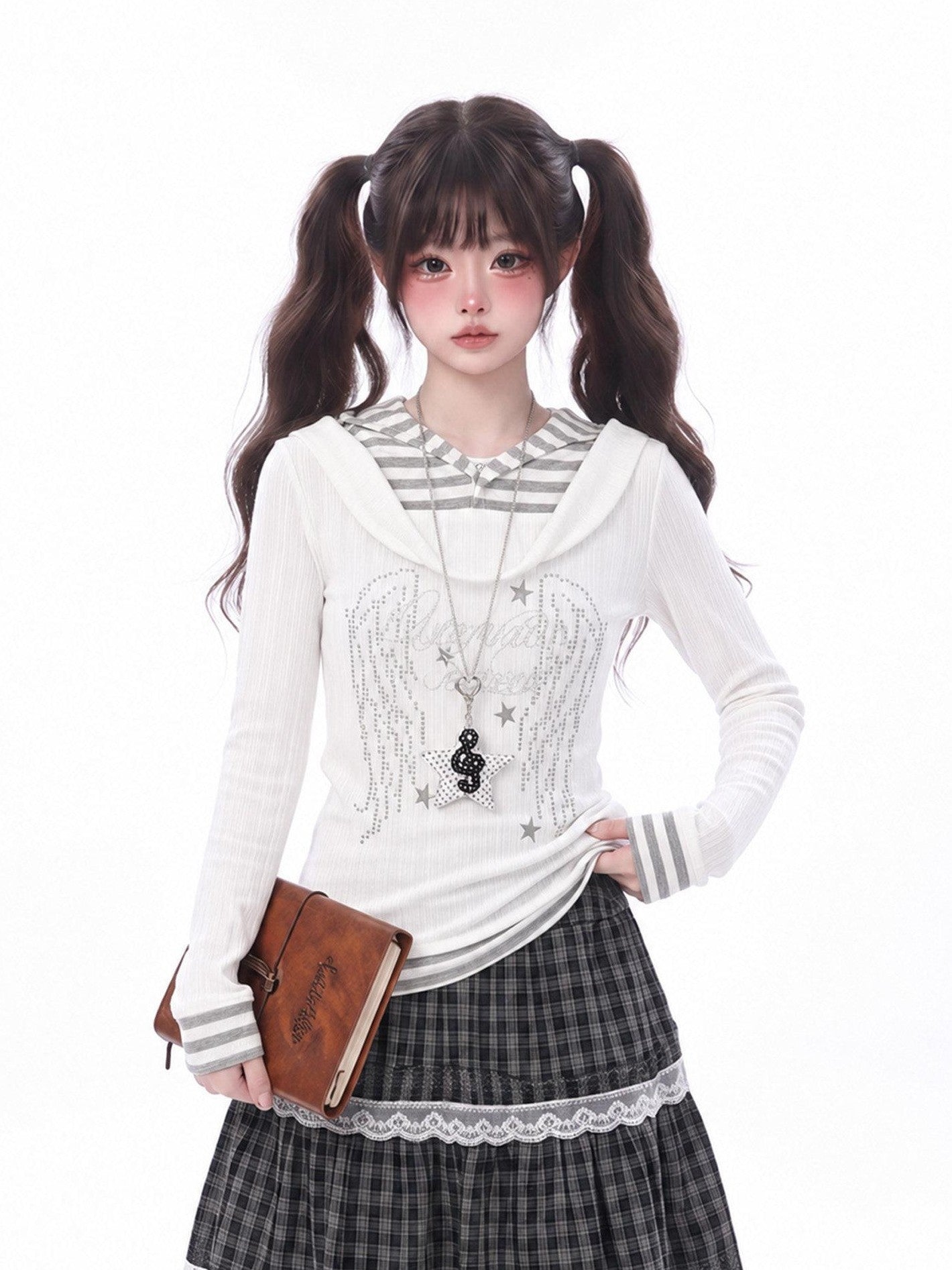 LaceBravo Faux Layered Striped Splice Lace Women's Knitted Slim Fit Long Sleeve T-shirts