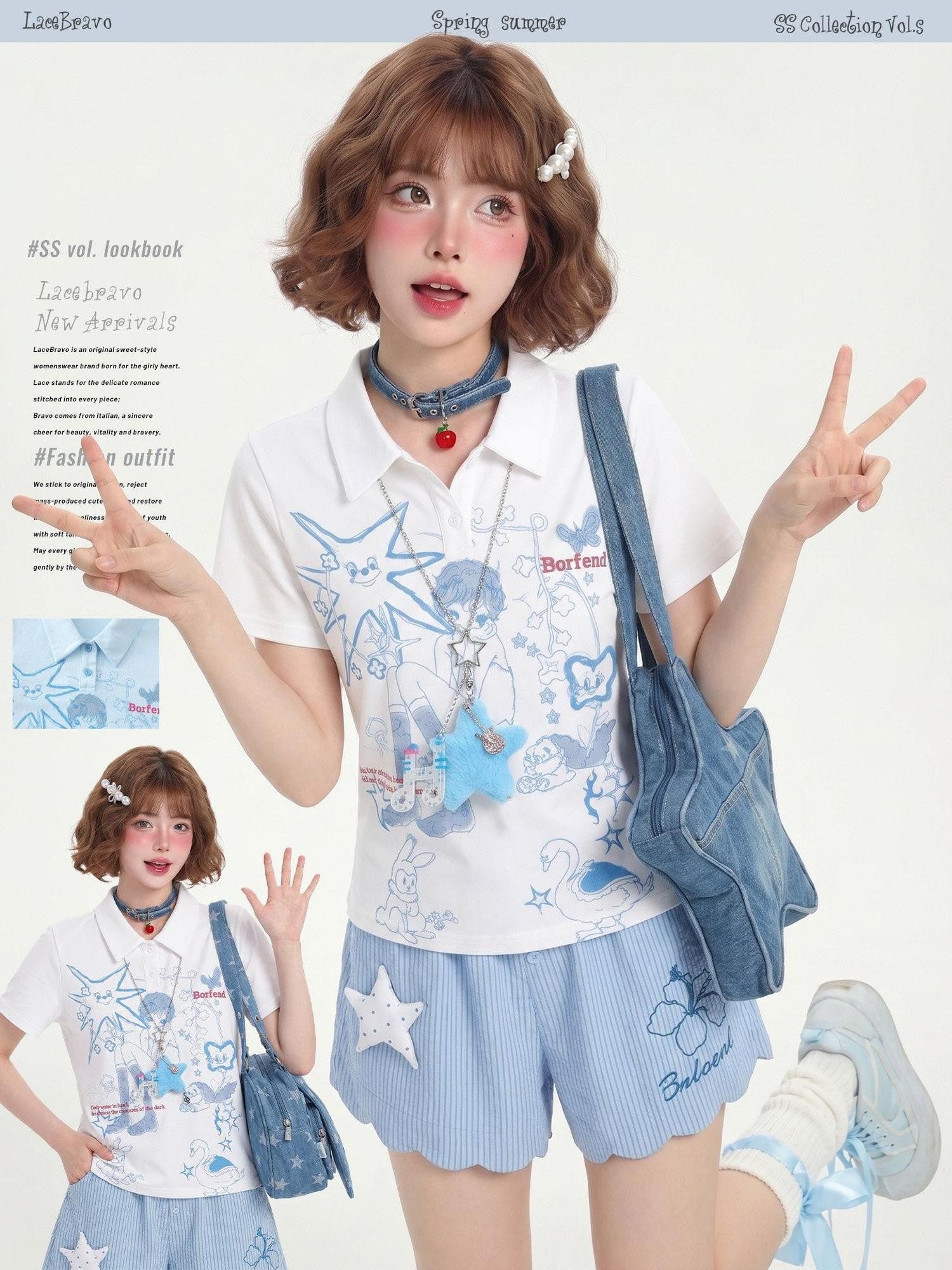 LaceBravo Girlish Printed Polo Collar Slim Fit Women's Short Sleeve T-shirts