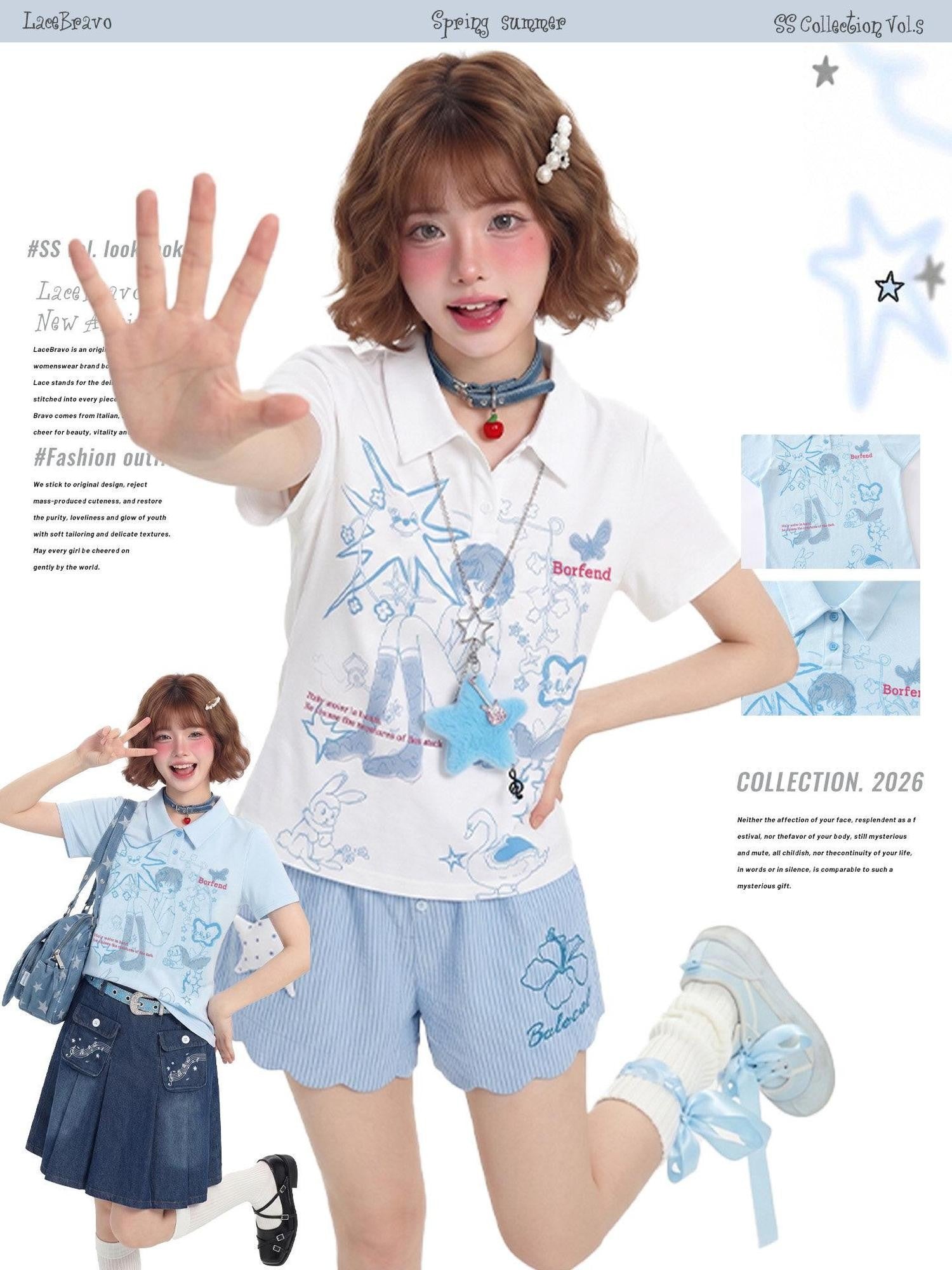 LaceBravo Girlish Printed Polo Collar Slim Fit Women's Short Sleeve T-shirts