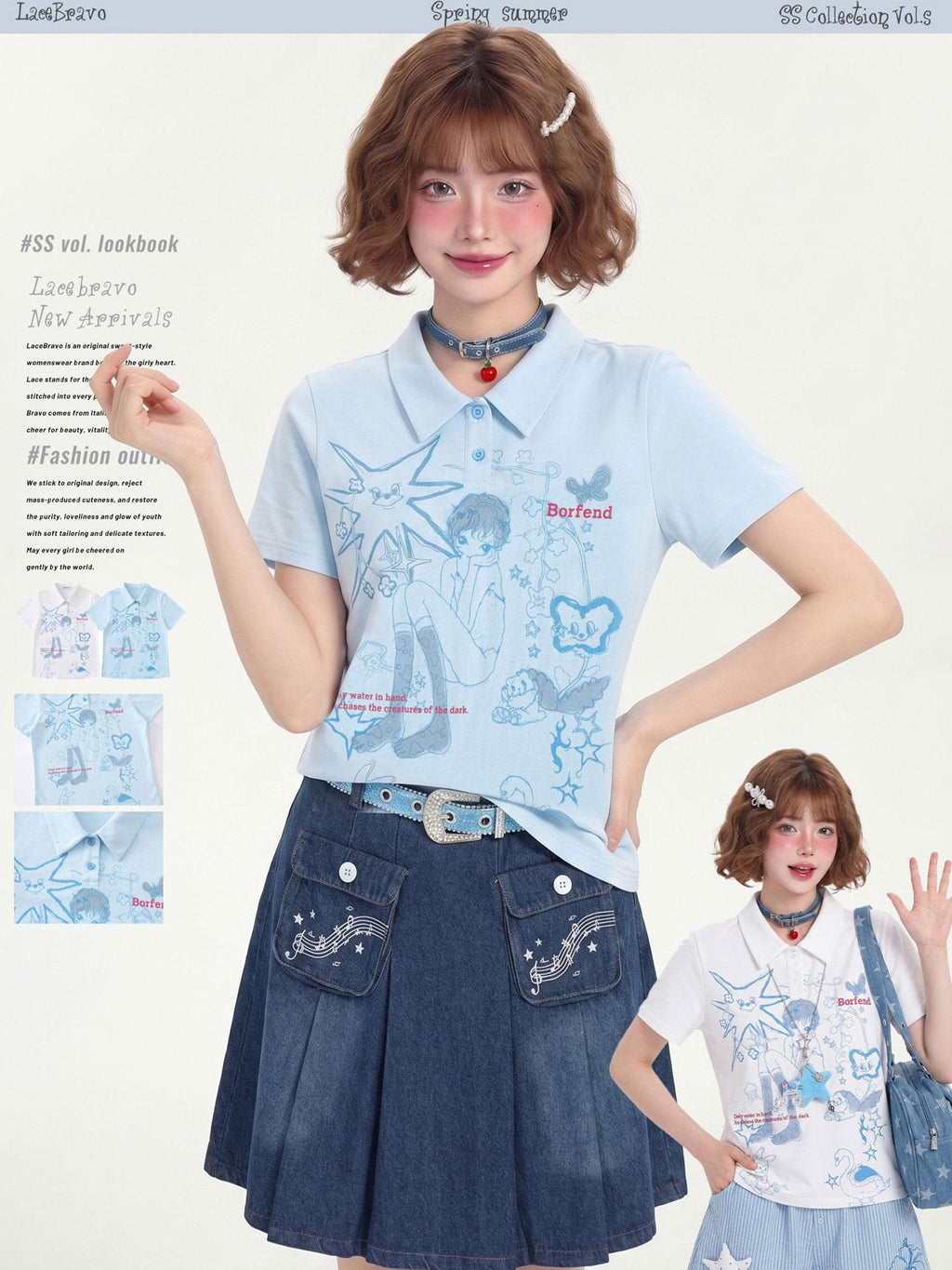 LaceBravo Girlish Printed Polo Collar Slim Fit Women's Short Sleeve T-shirts