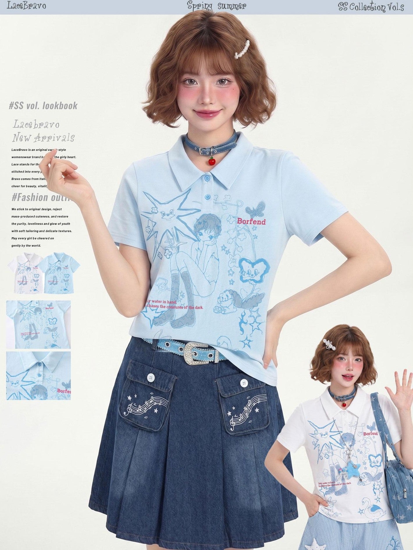 LaceBravo Girlish Printed Polo Collar Slim Fit Women's Short Sleeve T-shirts
