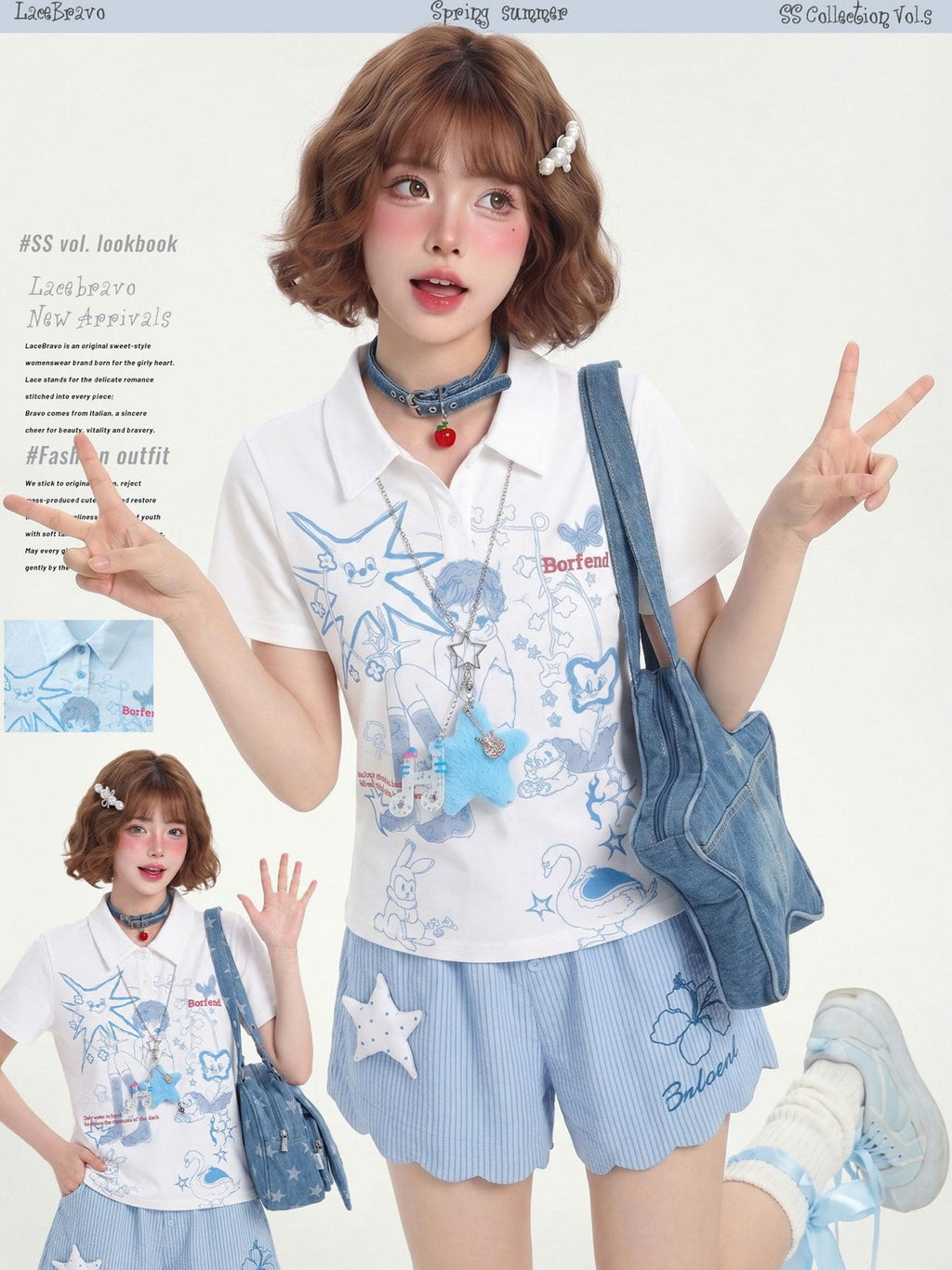 LaceBravo Girlish Printed Polo Collar Slim Fit Women's Short Sleeve T-shirts