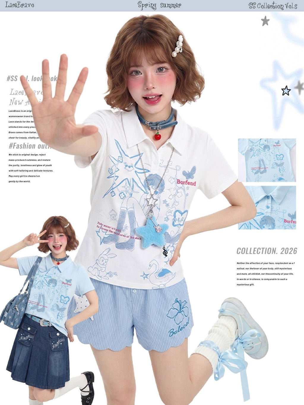 LaceBravo Girlish Printed Polo Collar Slim Fit Women's Short Sleeve T-shirts