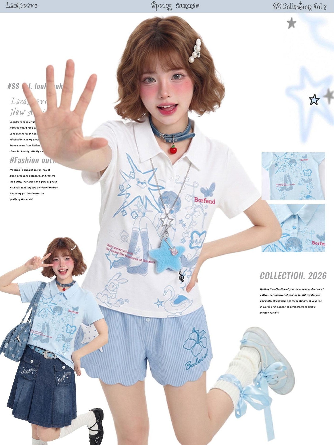 LaceBravo Girlish Printed Polo Collar Slim Fit Women's Short Sleeve T-shirts