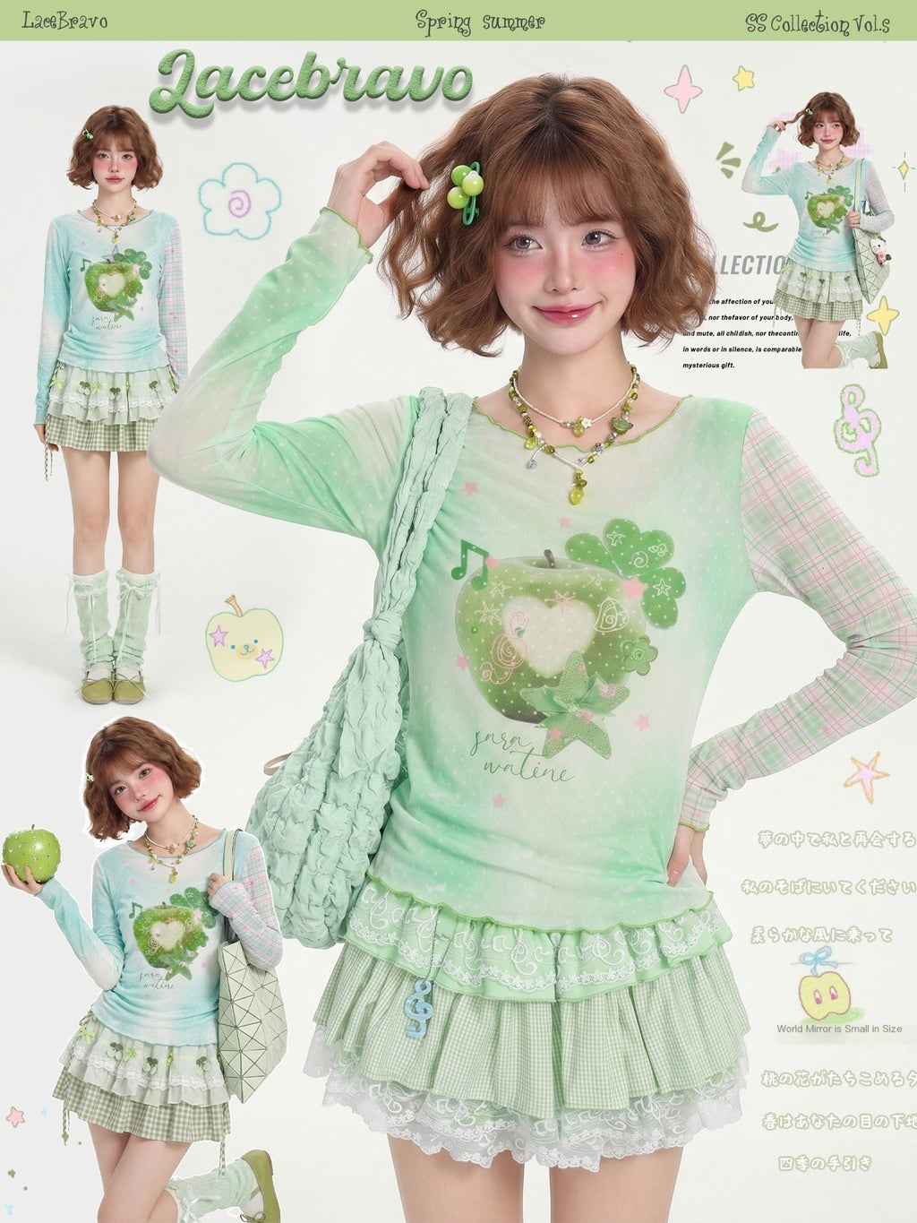 LaceBravo_Green_Apple_Print_Y2k_Plaid_Patchwork_Women's_Long_Sleeve_T-shirts_1050539838759_MISSTT