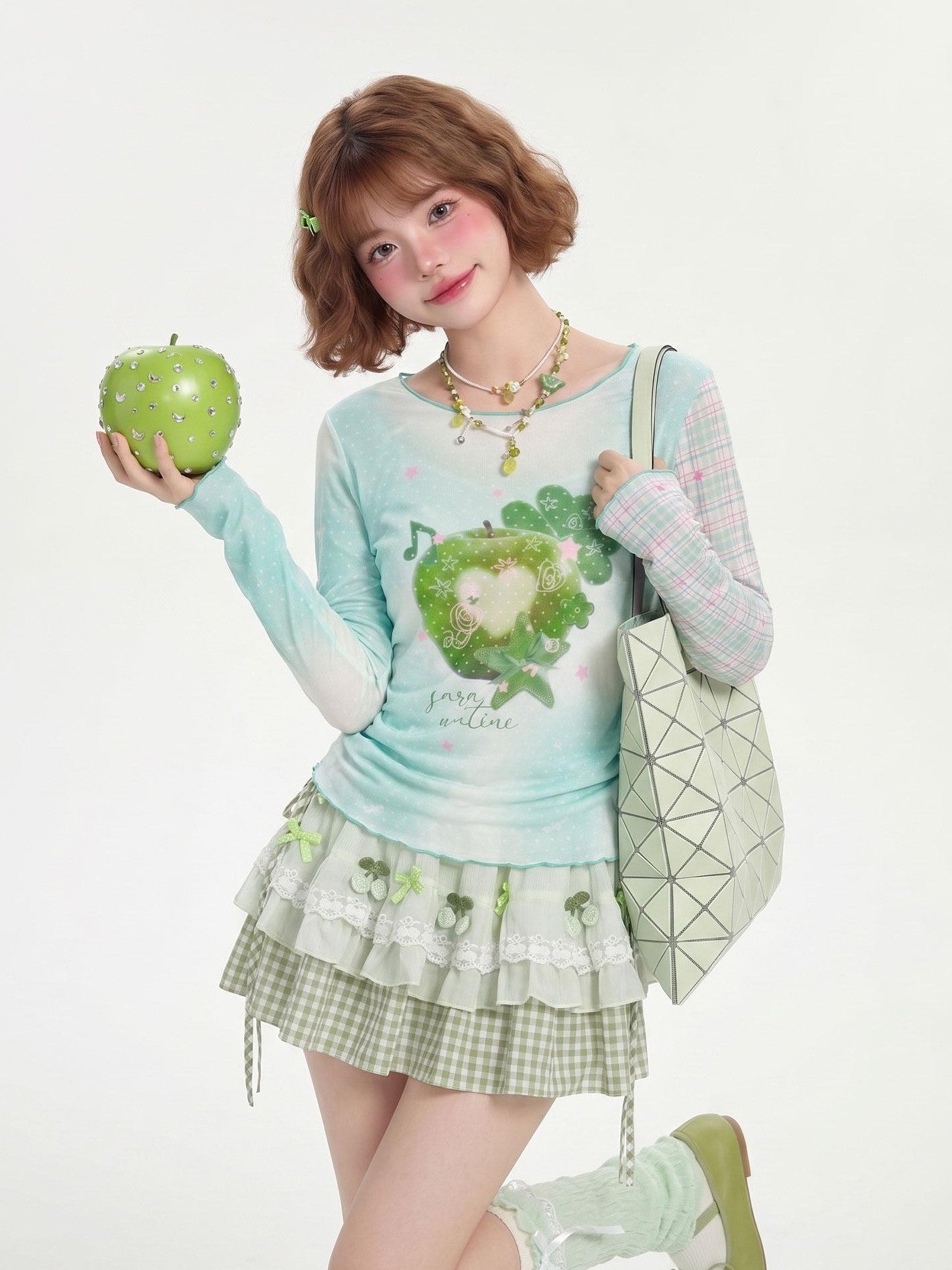 LaceBravo Green Apple Print Y2k Plaid Patchwork Women's Long Sleeve T-shirts