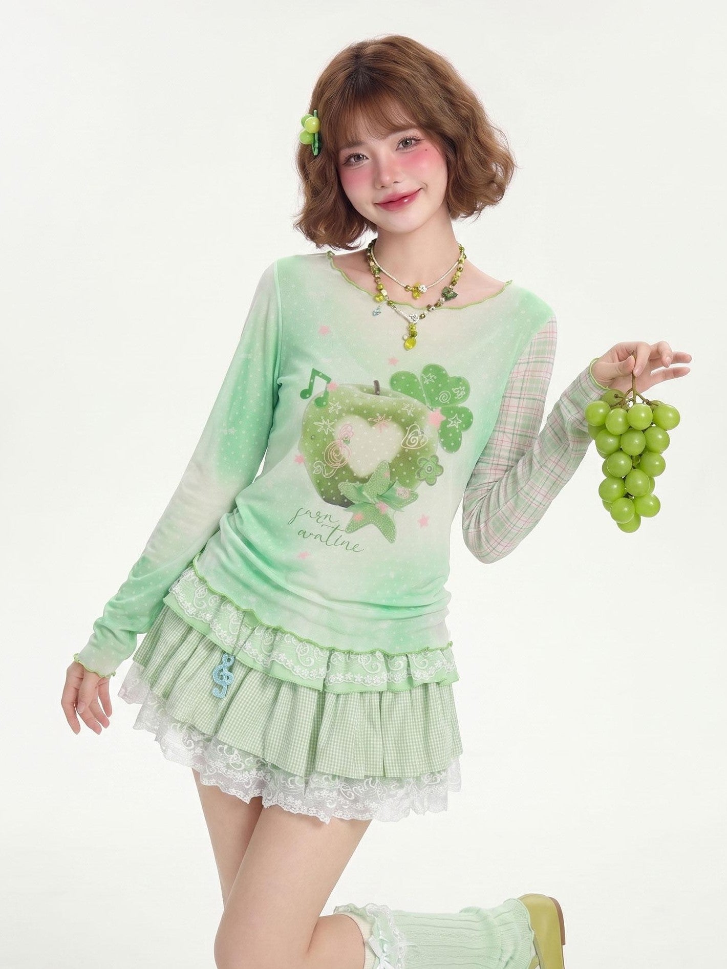LaceBravo Green Apple Print Y2k Plaid Patchwork Women's Long Sleeve T-shirts