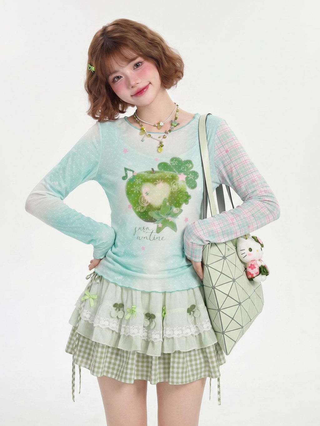 LaceBravo Green Apple Print Y2k Plaid Patchwork Women's Long Sleeve T-shirts