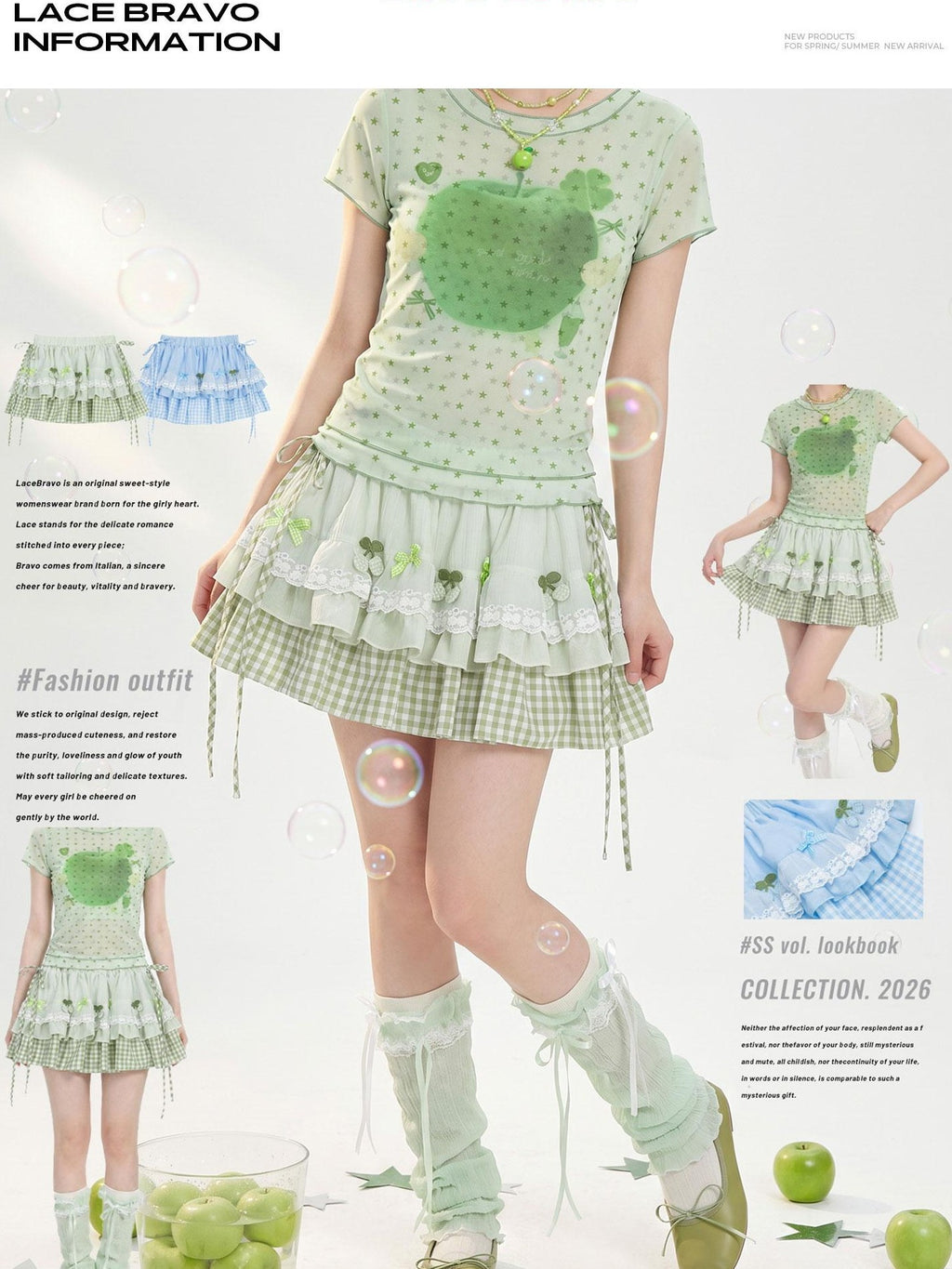 LaceBravo Green Plaid American Lace Trim Bow Puff Women's Tulle Mini Skirts