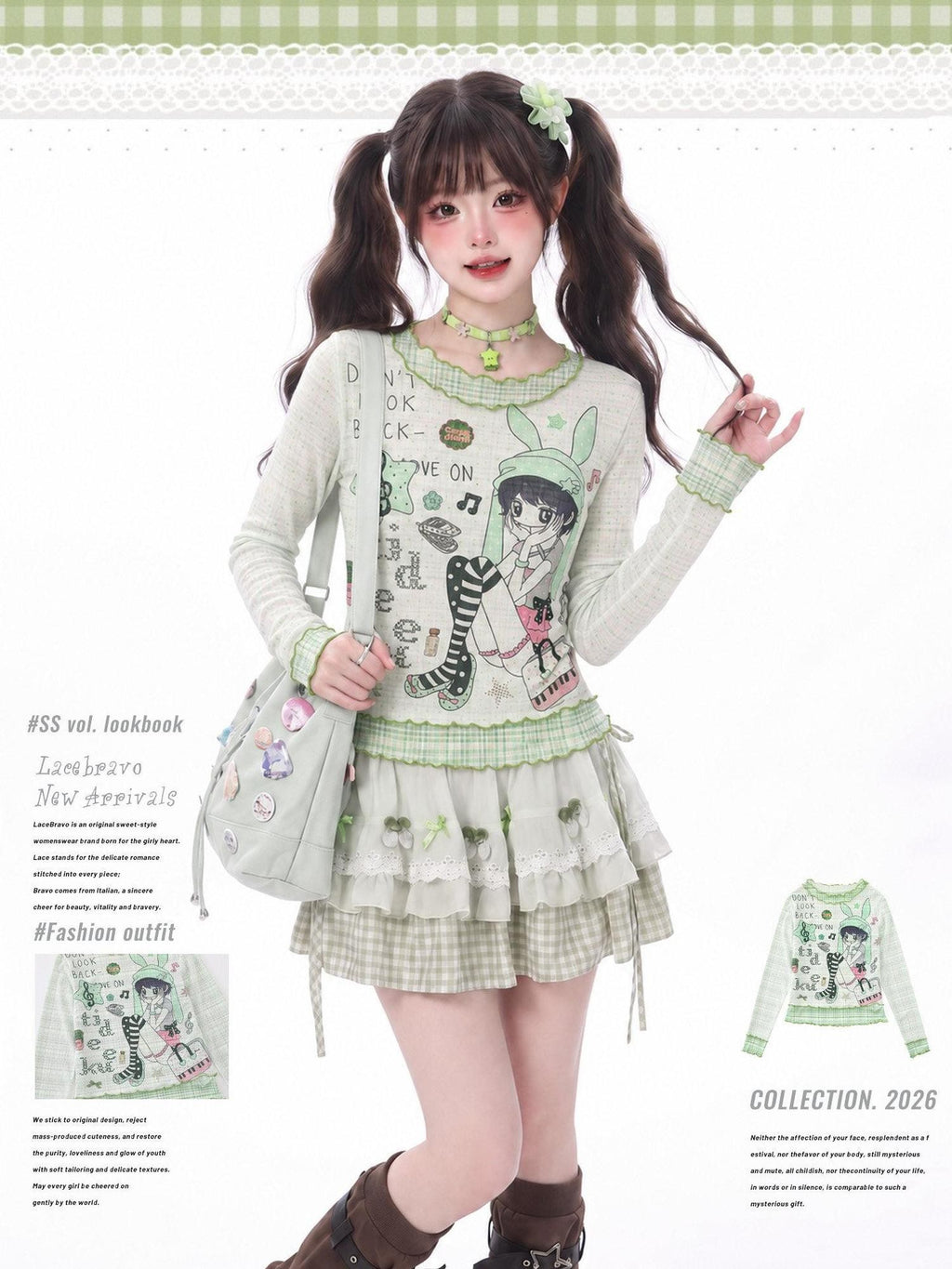 LaceBravo Green Plaid Comic Print Ruffle Edge Women's Lightweight Long Sleeve T-shirts
