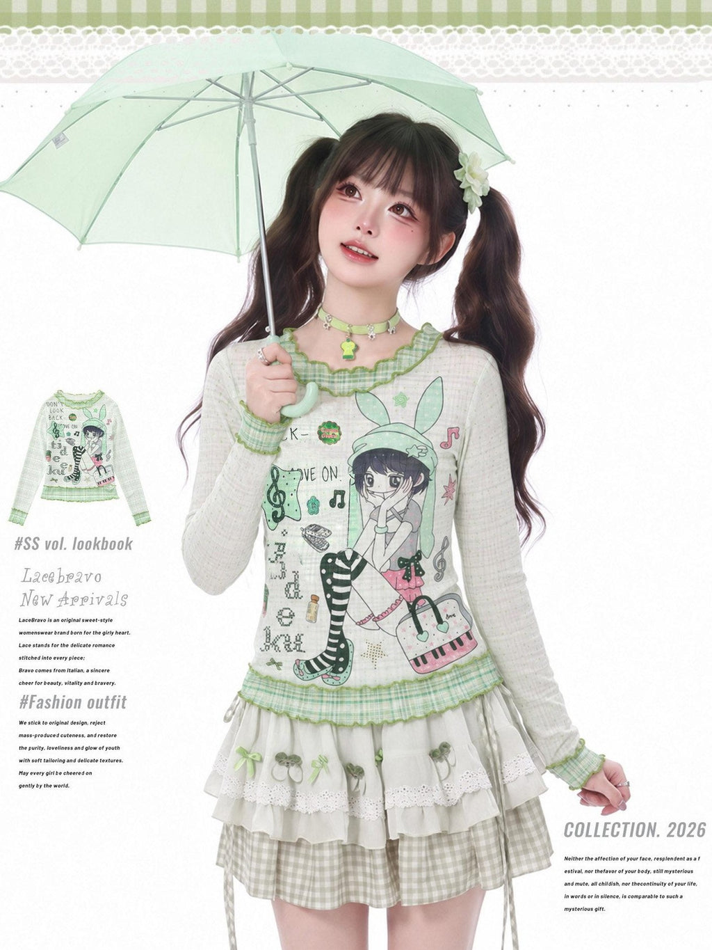 LaceBravo Green Plaid Comic Print Ruffle Edge Women's Lightweight Long Sleeve T-shirts