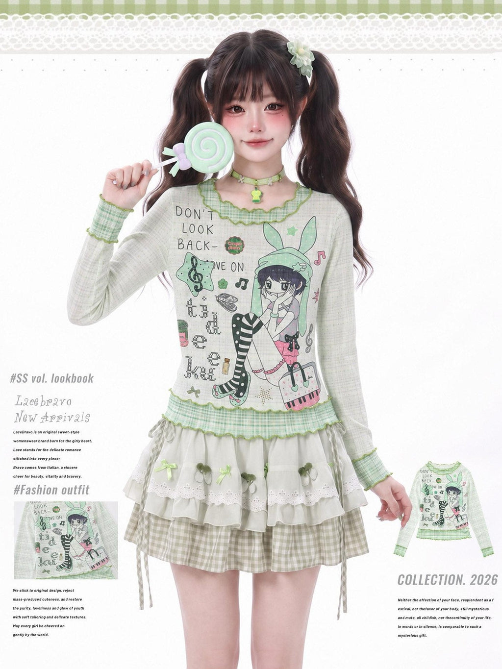 LaceBravo Green Plaid Comic Print Ruffle Edge Women's Lightweight Long Sleeve T-shirts