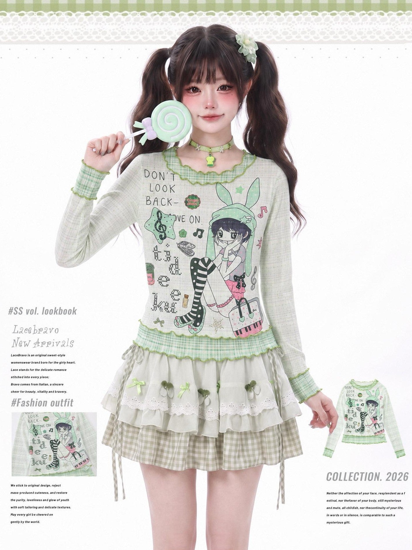 LaceBravo Green Plaid Comic Print Ruffle Edge Women's Lightweight Long Sleeve T-shirts