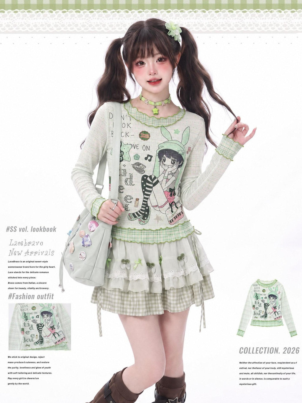 LaceBravo Green Plaid Comic Print Ruffle Edge Women's Lightweight Long Sleeve T-shirts