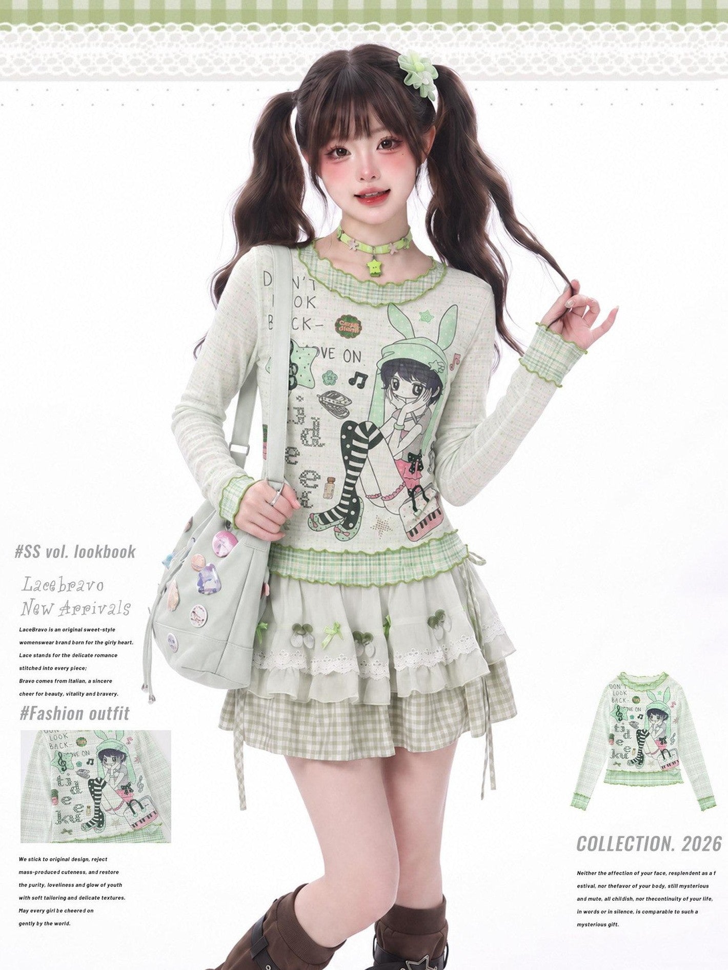 LaceBravo Green Plaid Comic Print Ruffle Edge Women's Lightweight Long Sleeve T-shirts
