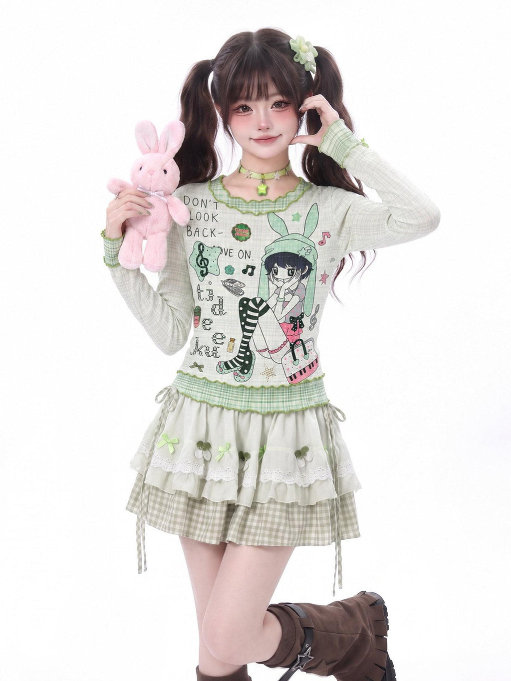 LaceBravo Green Plaid Comic Print Ruffle Edge Women's Lightweight Long Sleeve T-shirts