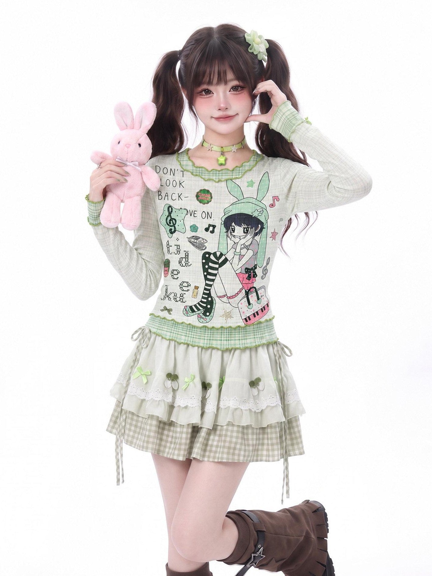 LaceBravo Green Plaid Comic Print Ruffle Edge Women's Lightweight Long Sleeve T-shirts