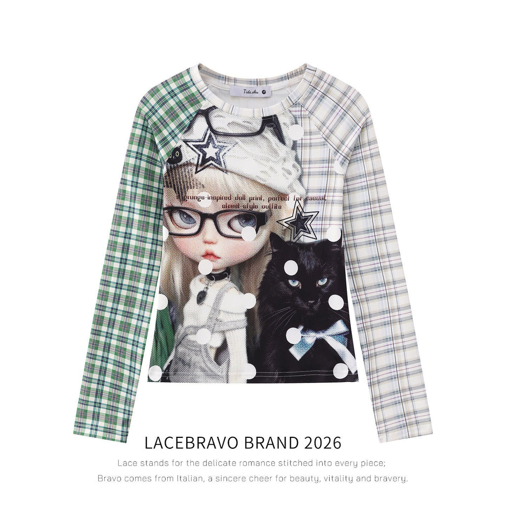LaceBravo_Green_Plaid_Raglan_Faux_Layered_Vintage_Print_Women's_Long_Sleeve_T-shirts_1072208379746_MISSTT