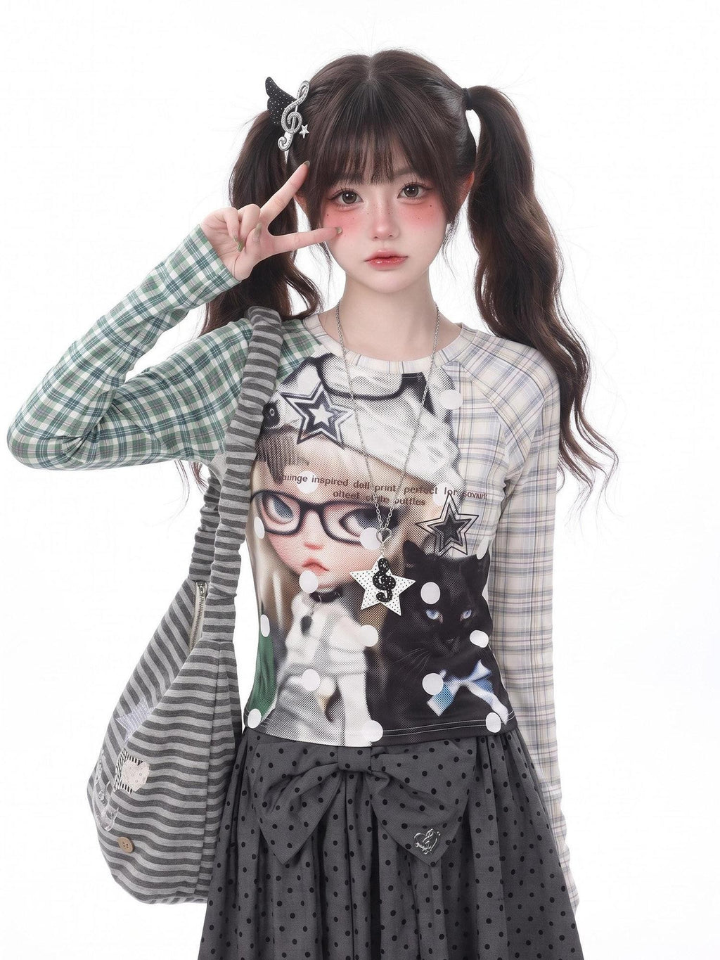 LaceBravo Green Plaid Raglan Faux Layered Vintage Print Women's Long Sleeve T-shirts