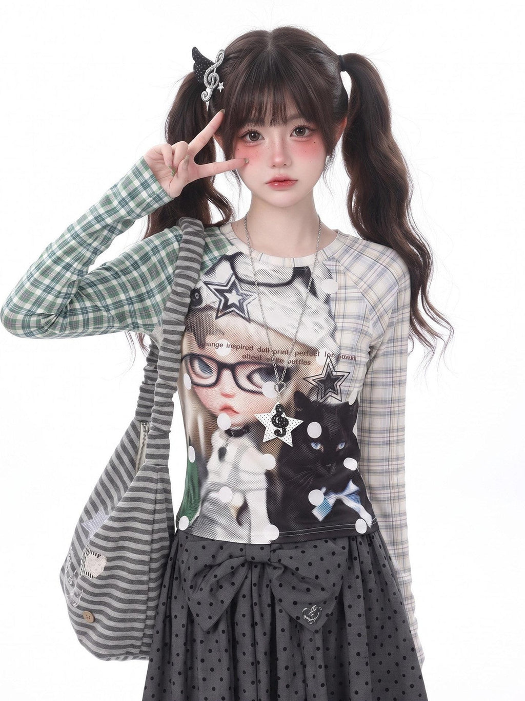 LaceBravo Green Plaid Raglan Faux Layered Vintage Print Women's Long Sleeve T-shirts
