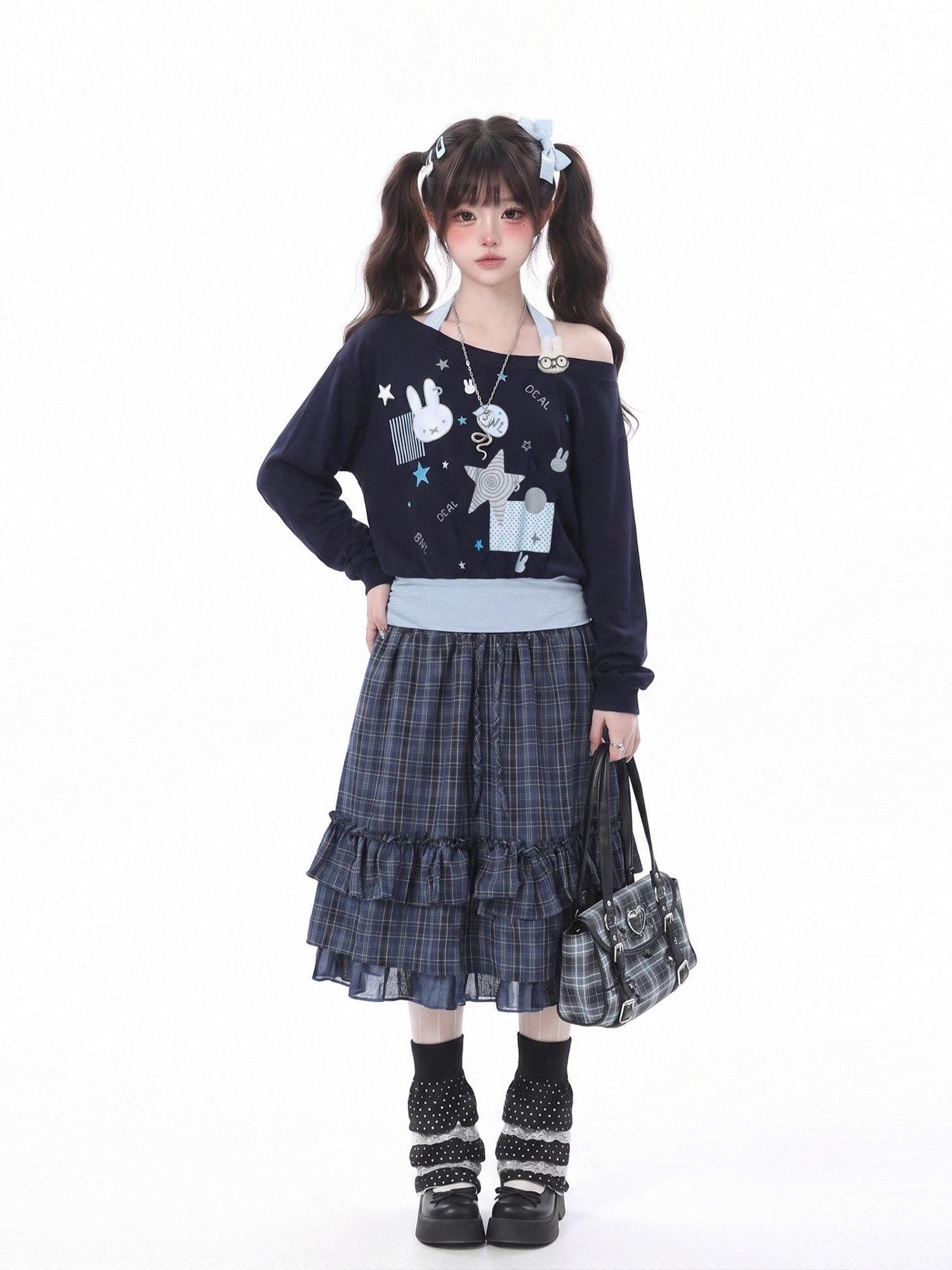 LaceBravo Halter Neck Rabbit Print Women's Sweatshirt Loose Long Sleeve T-shirts