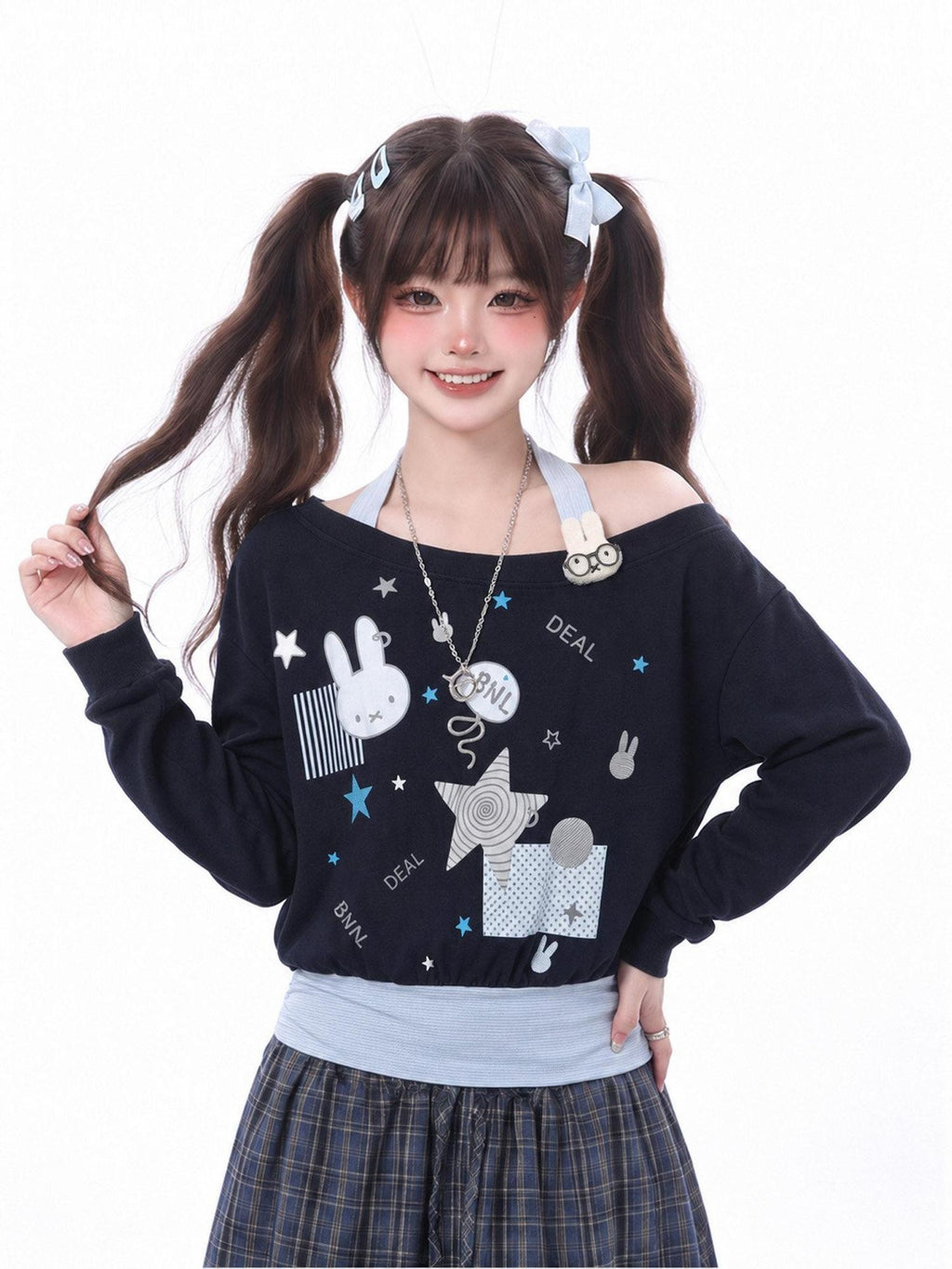 LaceBravo Halter Neck Rabbit Print Women's Sweatshirt Loose Long Sleeve T-shirts