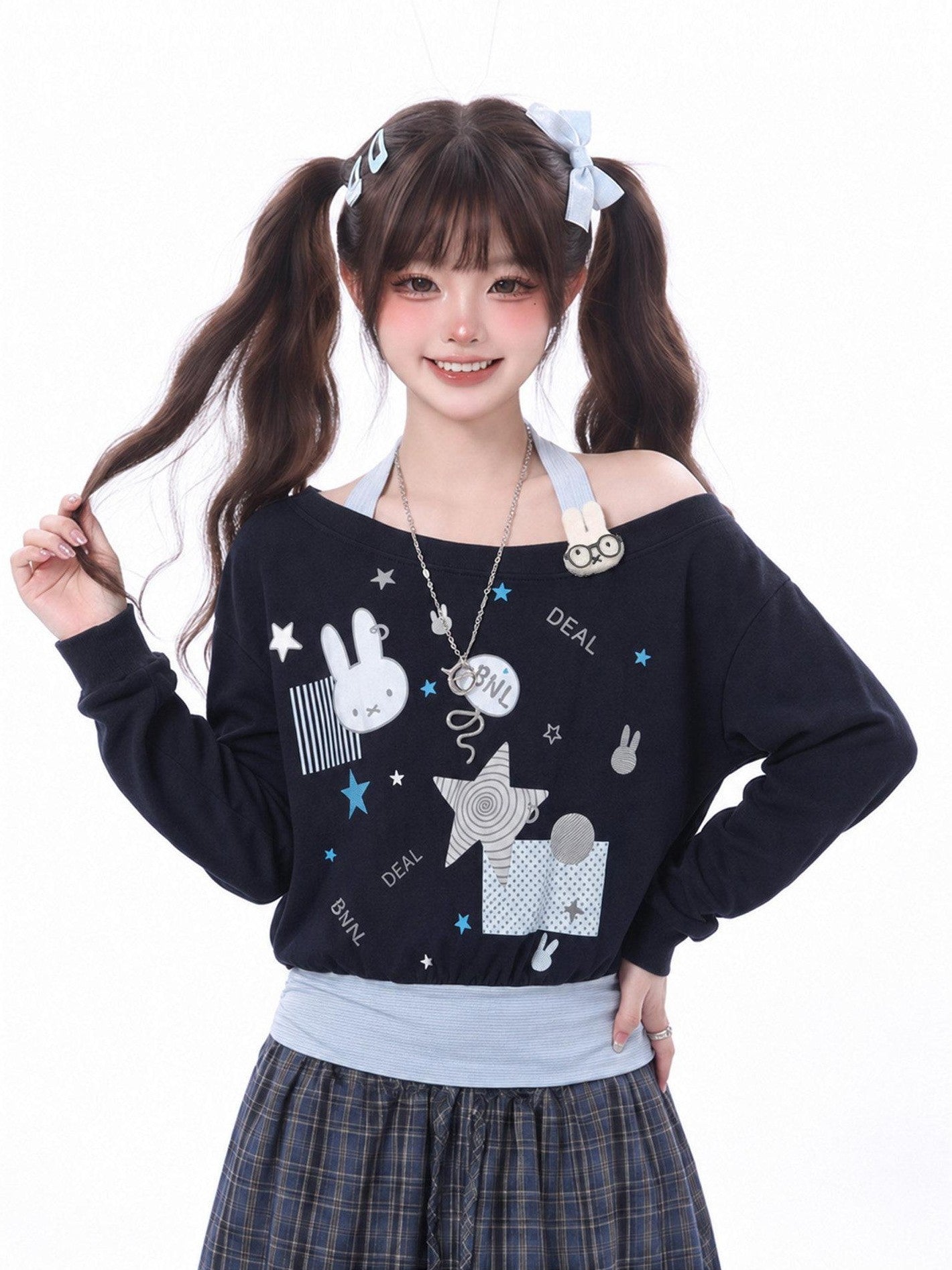 LaceBravo Halter Neck Rabbit Print Women's Sweatshirt Loose Long Sleeve T-shirts