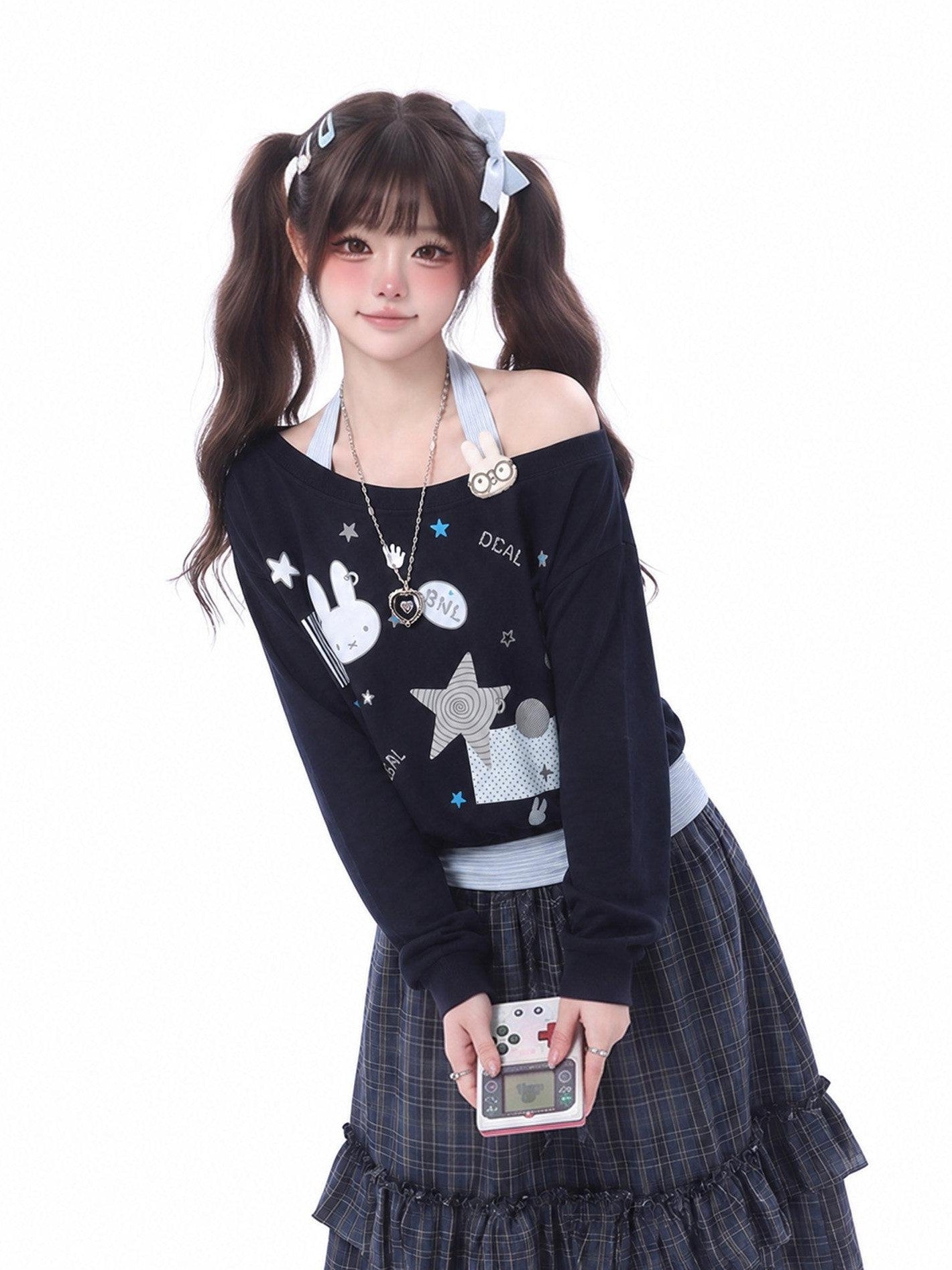 LaceBravo Halter Neck Rabbit Print Women's Sweatshirt Loose Long Sleeve T-shirts