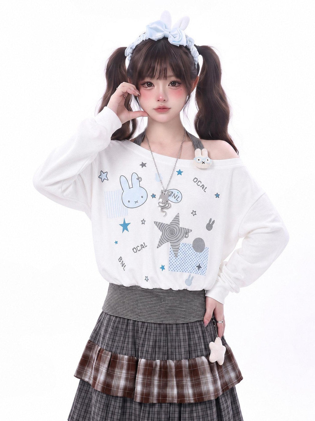LaceBravo Halter Neck Rabbit Print Women's Sweatshirt Loose Long Sleeve T-shirts