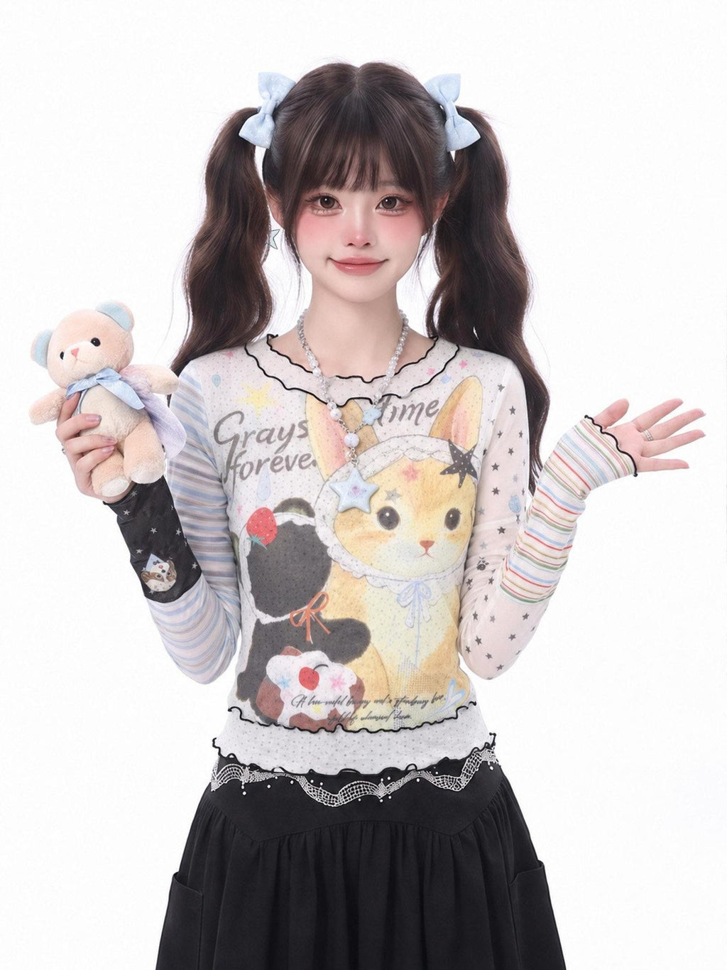 LaceBravo Japanese Cartoon Cat Print Contrast Ruffle Women's Mesh Long Sleeve T Shirts