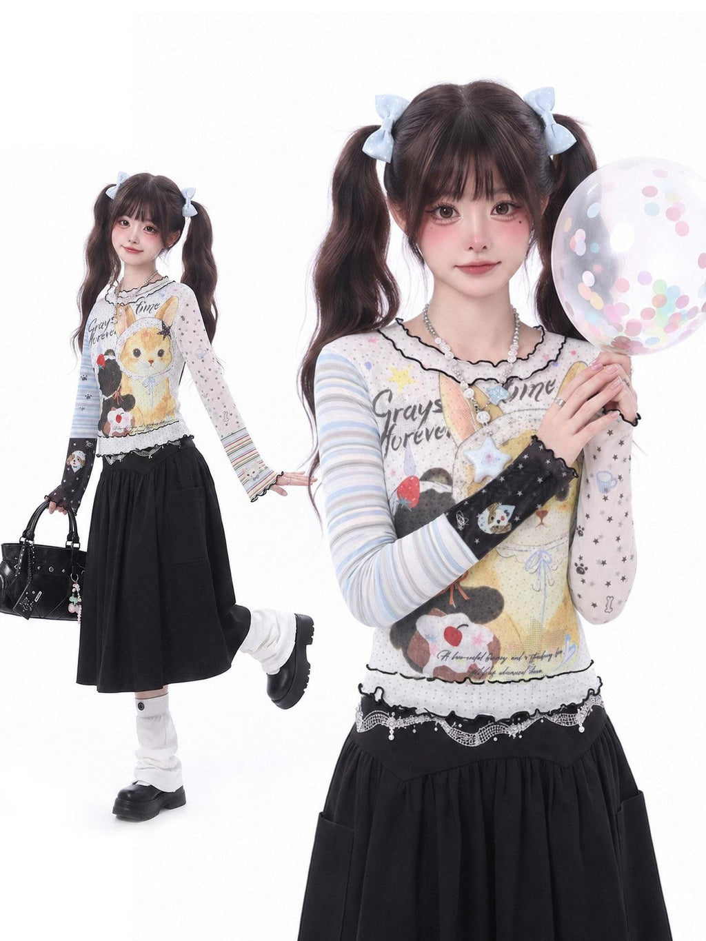 LaceBravo Japanese Cartoon Cat Print Contrast Ruffle Women's Mesh Long Sleeve T Shirts