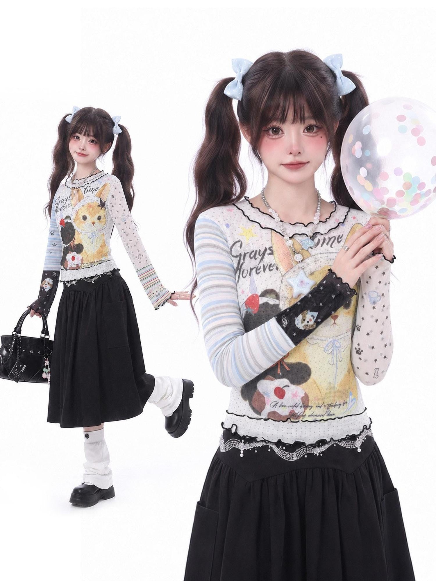 LaceBravo Japanese Cartoon Cat Print Contrast Ruffle Women's Mesh Long Sleeve T Shirts