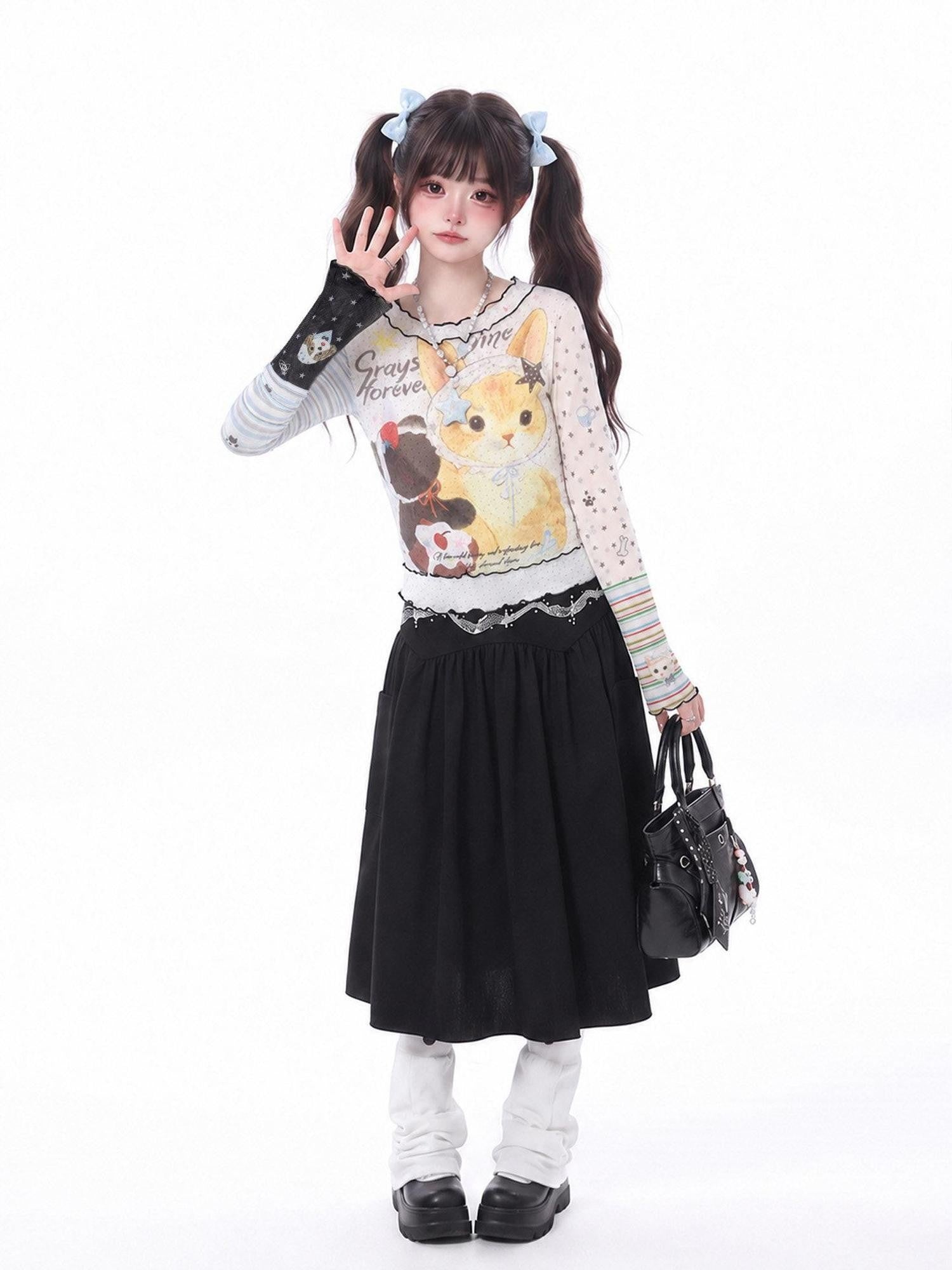 LaceBravo Japanese Cartoon Cat Print Contrast Ruffle Women's Mesh Long Sleeve T Shirts