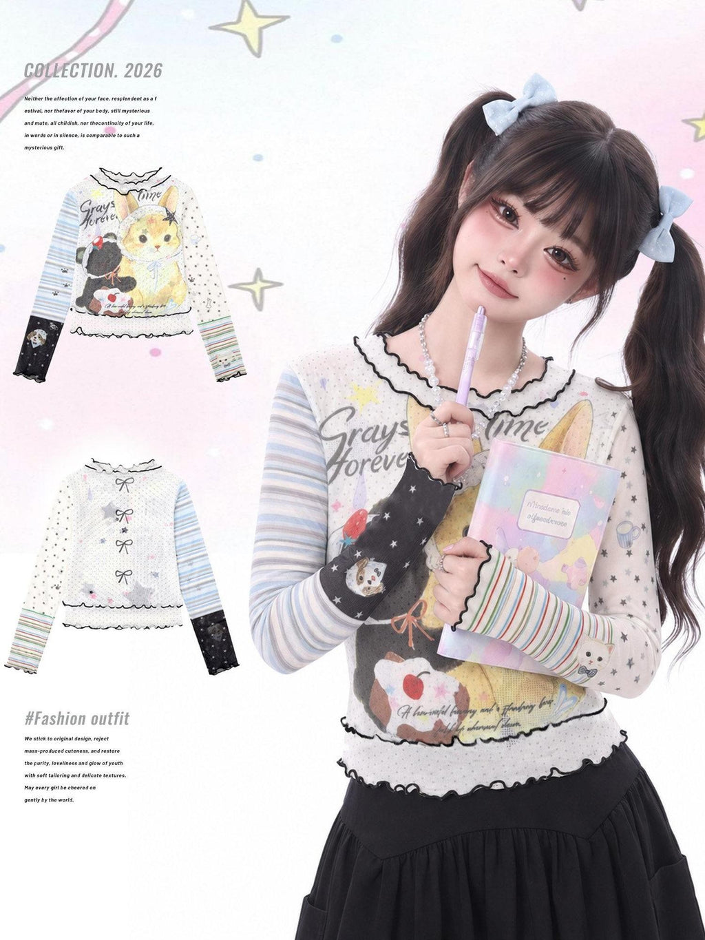 LaceBravo Japanese Cartoon Cat Print Contrast Ruffle Women's Mesh Long Sleeve T Shirts