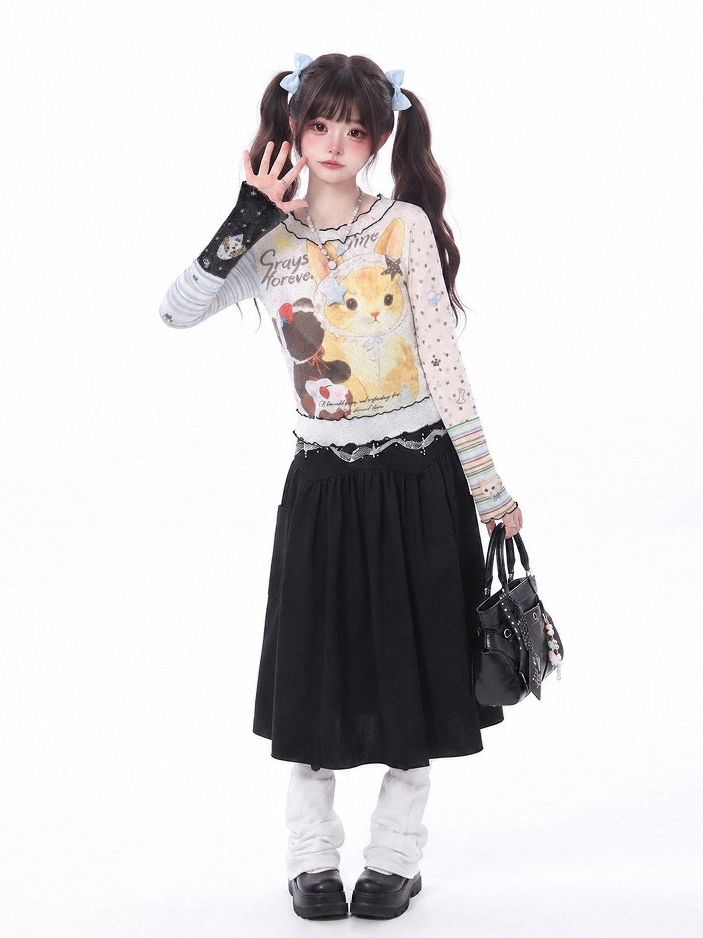 LaceBravo Japanese Cartoon Cat Print Contrast Ruffle Women's Mesh Long Sleeve T Shirts