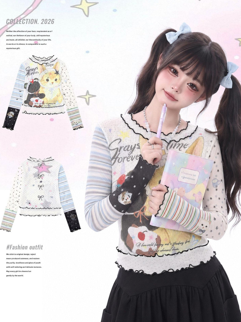 LaceBravo Japanese Cartoon Cat Print Contrast Ruffle Women's Mesh Long Sleeve T Shirts