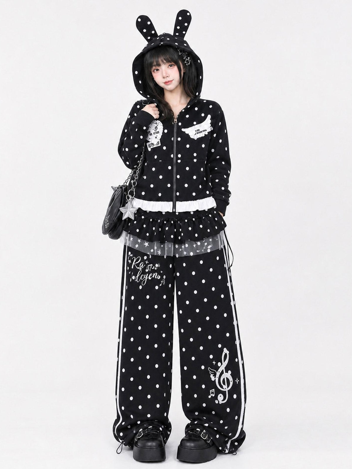 LaceBravo Japanese Style Polka Dot Lace Loose Wide Leg Women's Cotton Sweatpants