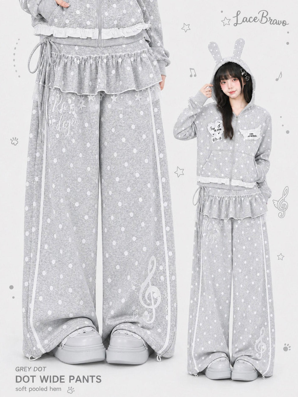 LaceBravo Japanese Style Polka Dot Lace Loose Wide Leg Women's Cotton Sweatpants