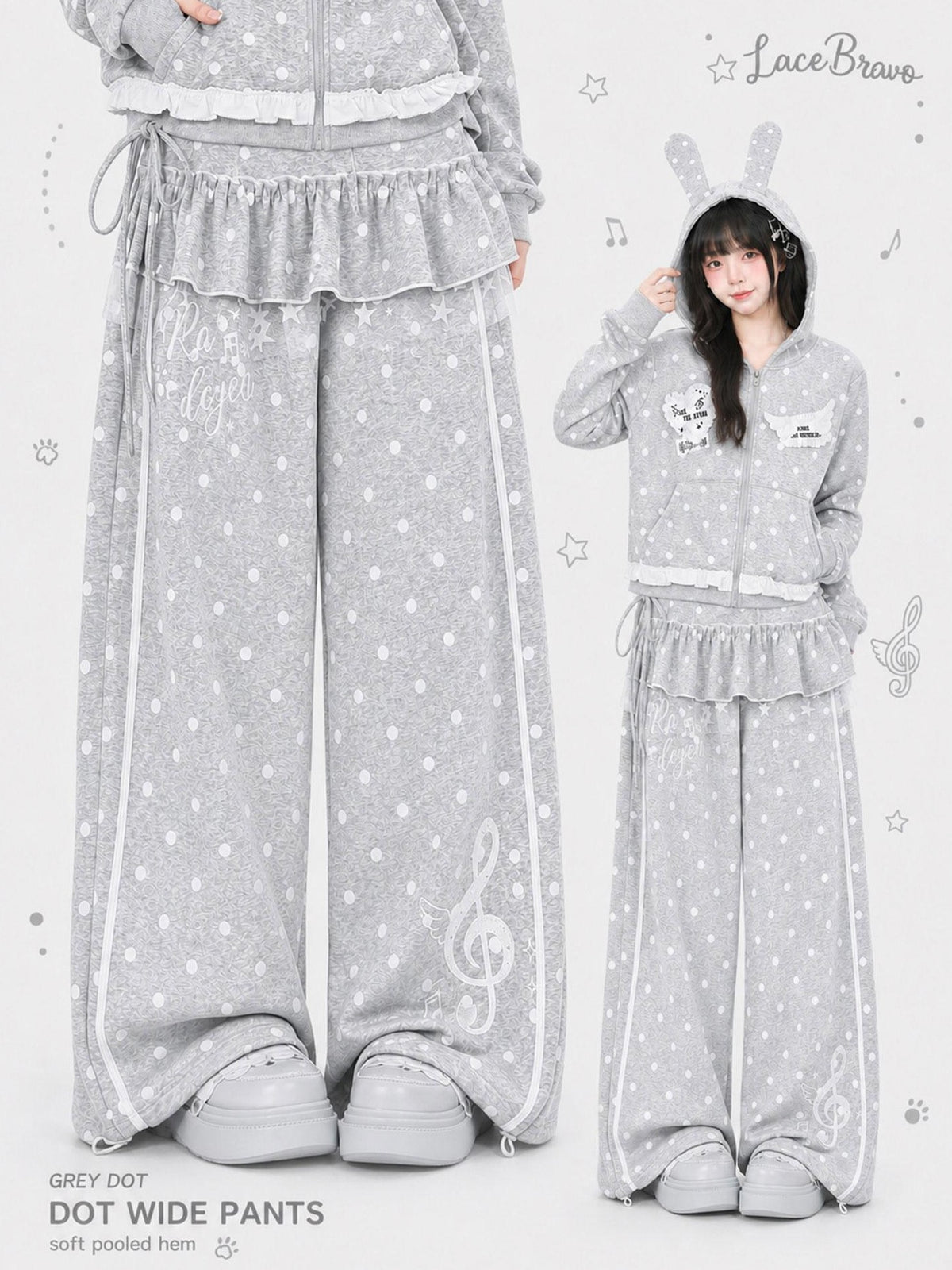 LaceBravo Japanese Style Polka Dot Lace Loose Wide Leg Women's Cotton Sweatpants