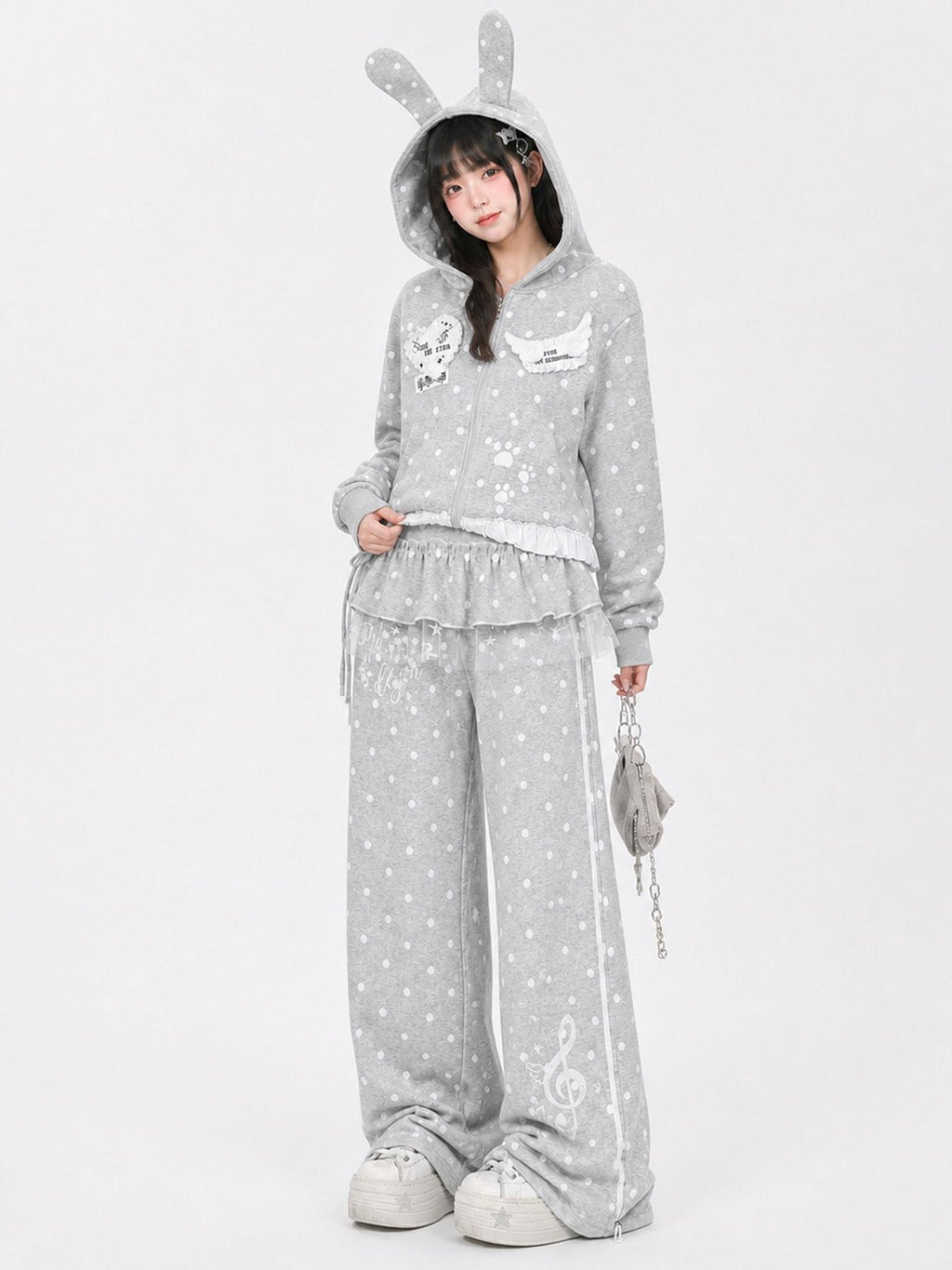 LaceBravo Japanese Style Polka Dot Lace Loose Wide Leg Women's Cotton Sweatpants
