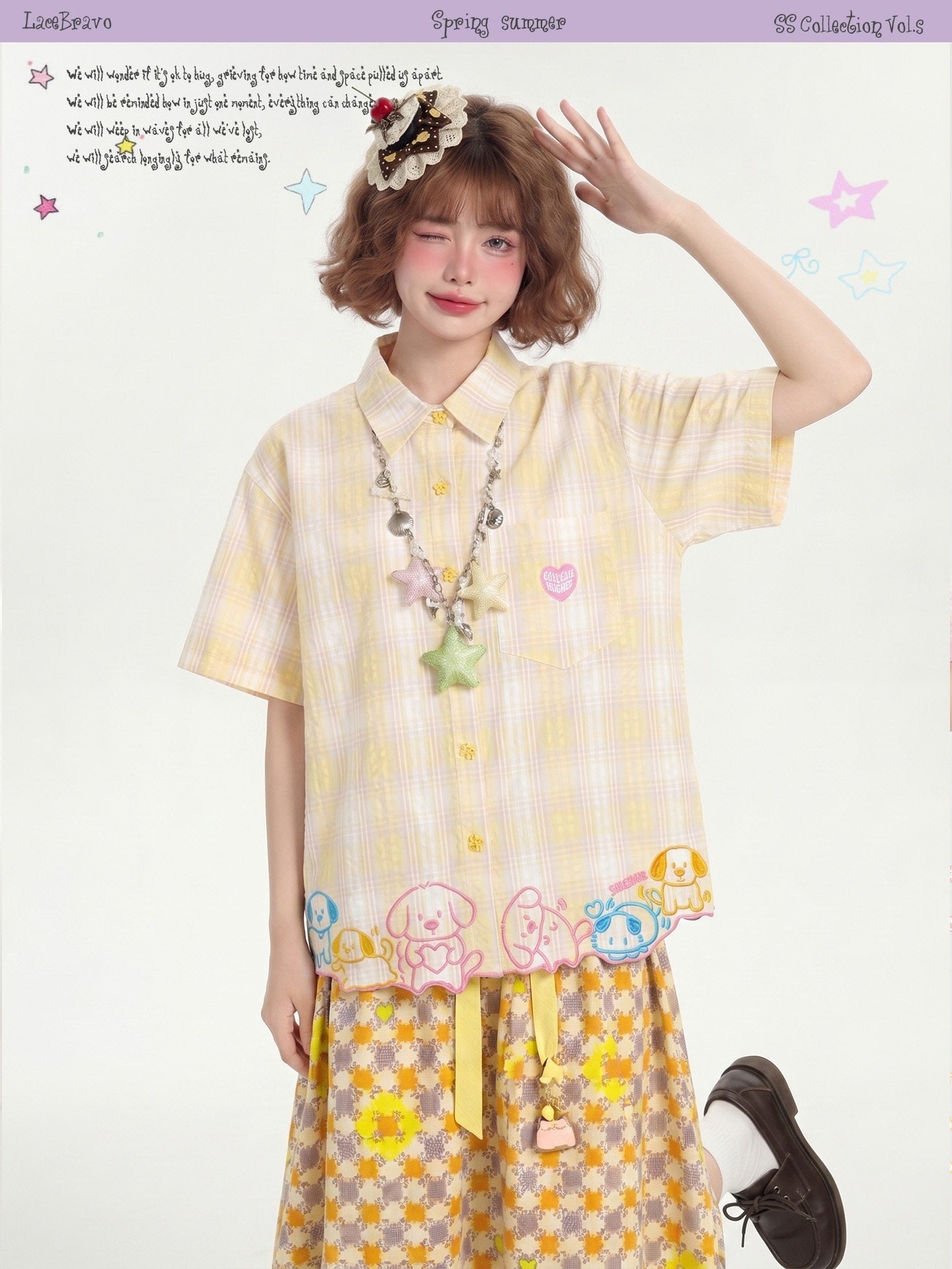 LaceBravo_Korean_Plaid_Embroidered_Loose_Fit_Women's_Cotton_Short_Sleeve_T-shirts_1047030485616_MISSTT